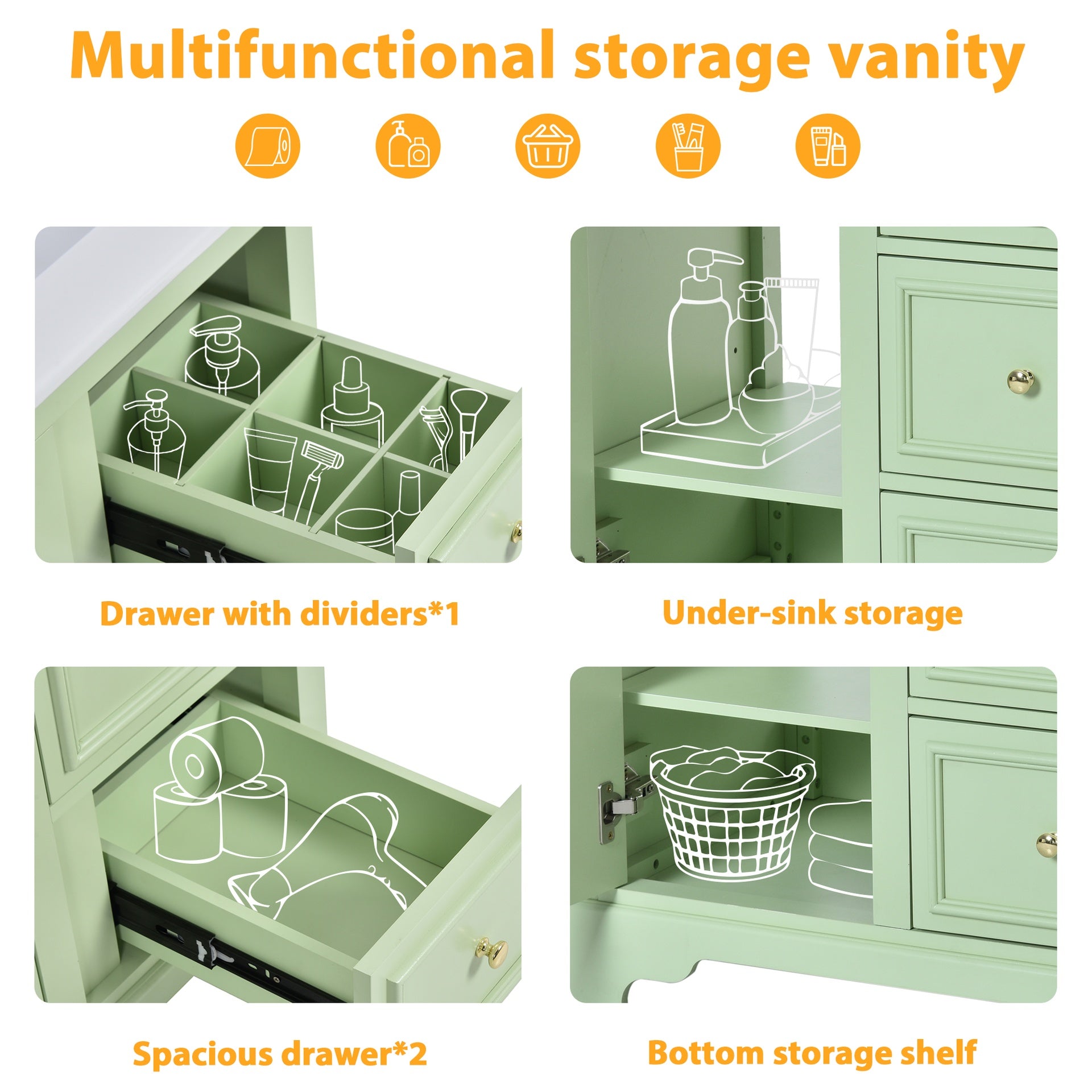 30-Inch bathroom vanity cabinet with ceramic basin, 3 drawers and adjustable shelves