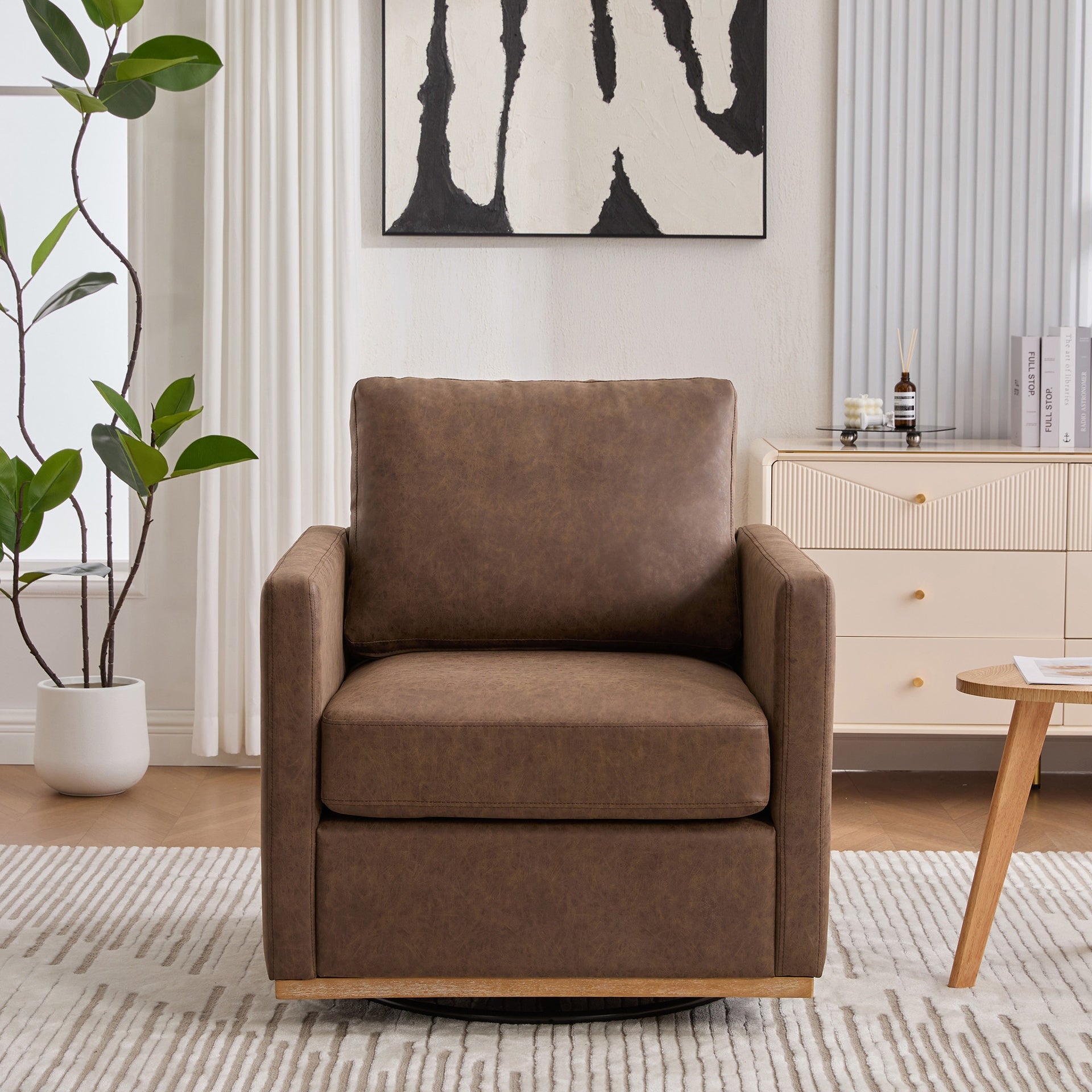 30.7"W Upholstered Square Swivel Accent Chair and Comfy Accent Single Sofa Chair, 360 Degree Club Chair, Lounge Armchair for Living Room Bedroom Apartment Nursery.Coffee PU