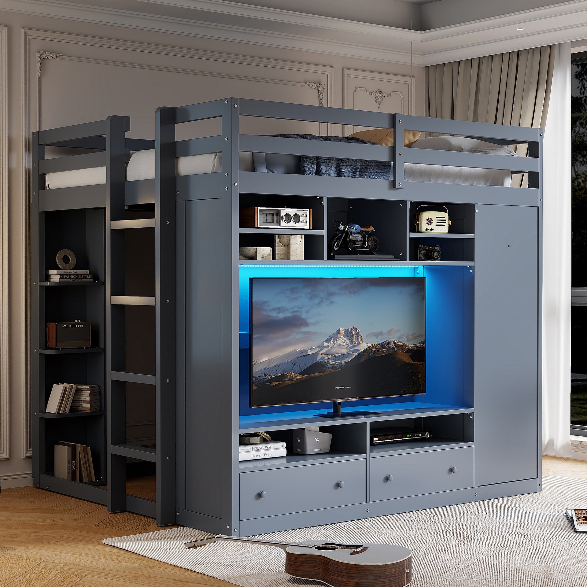 Full size Loft Bed with Drawers, Shelves and Light - Gray