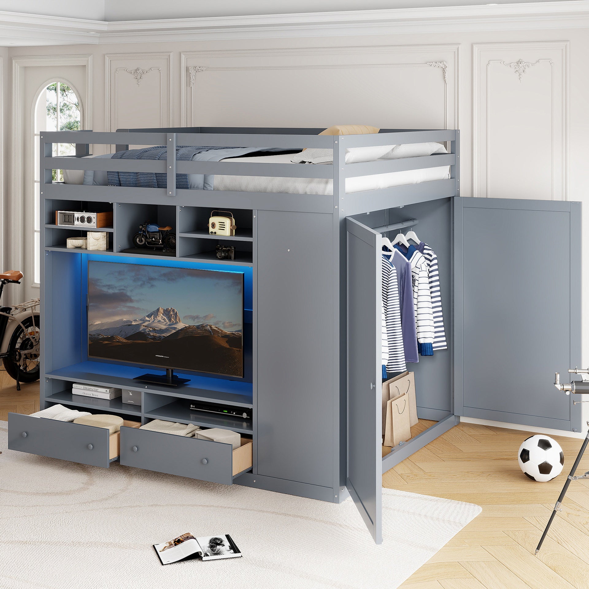 Full size Loft Bed with Drawers, Shelves and Light - Gray