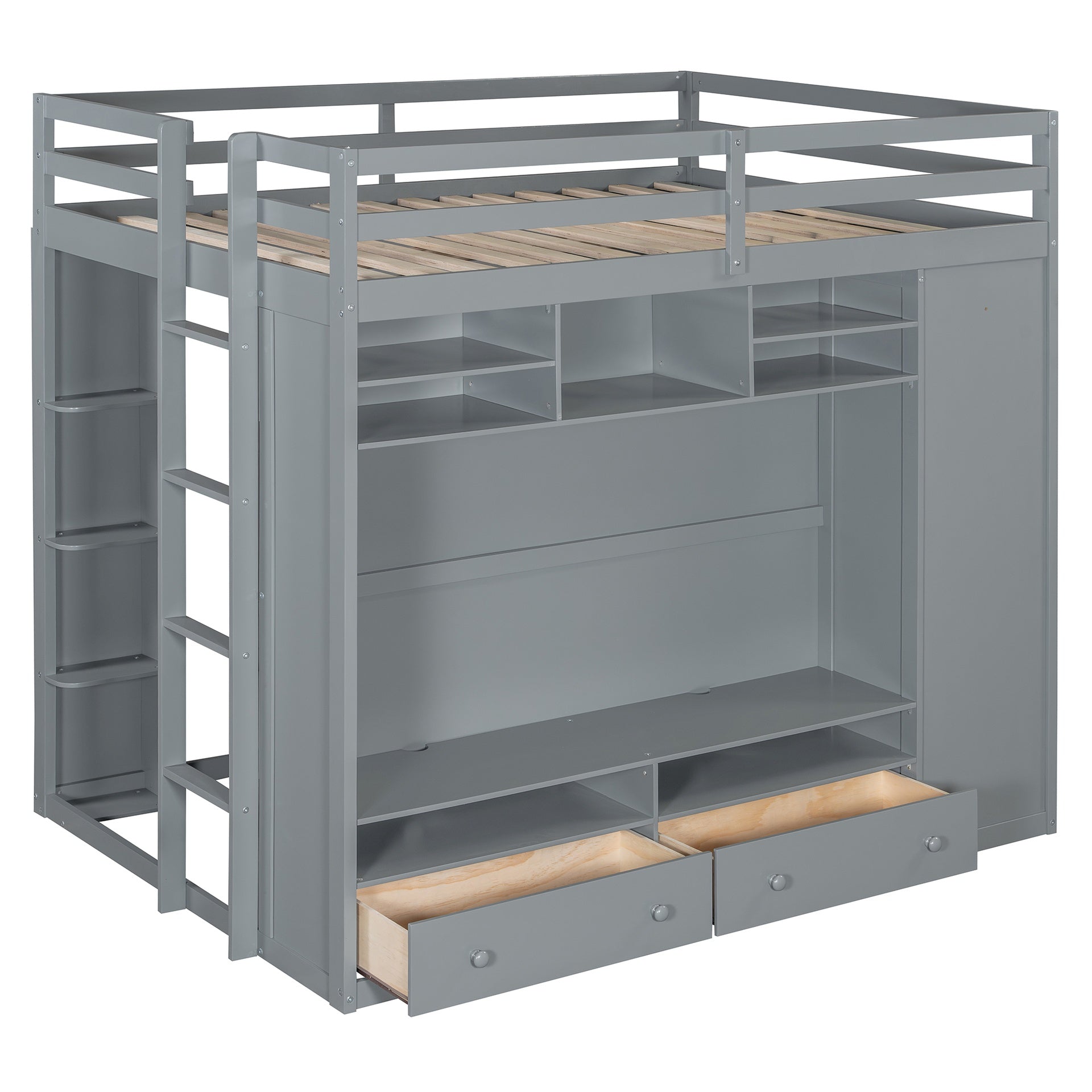 Full size Loft Bed with Drawers, Shelves and Light - Gray
