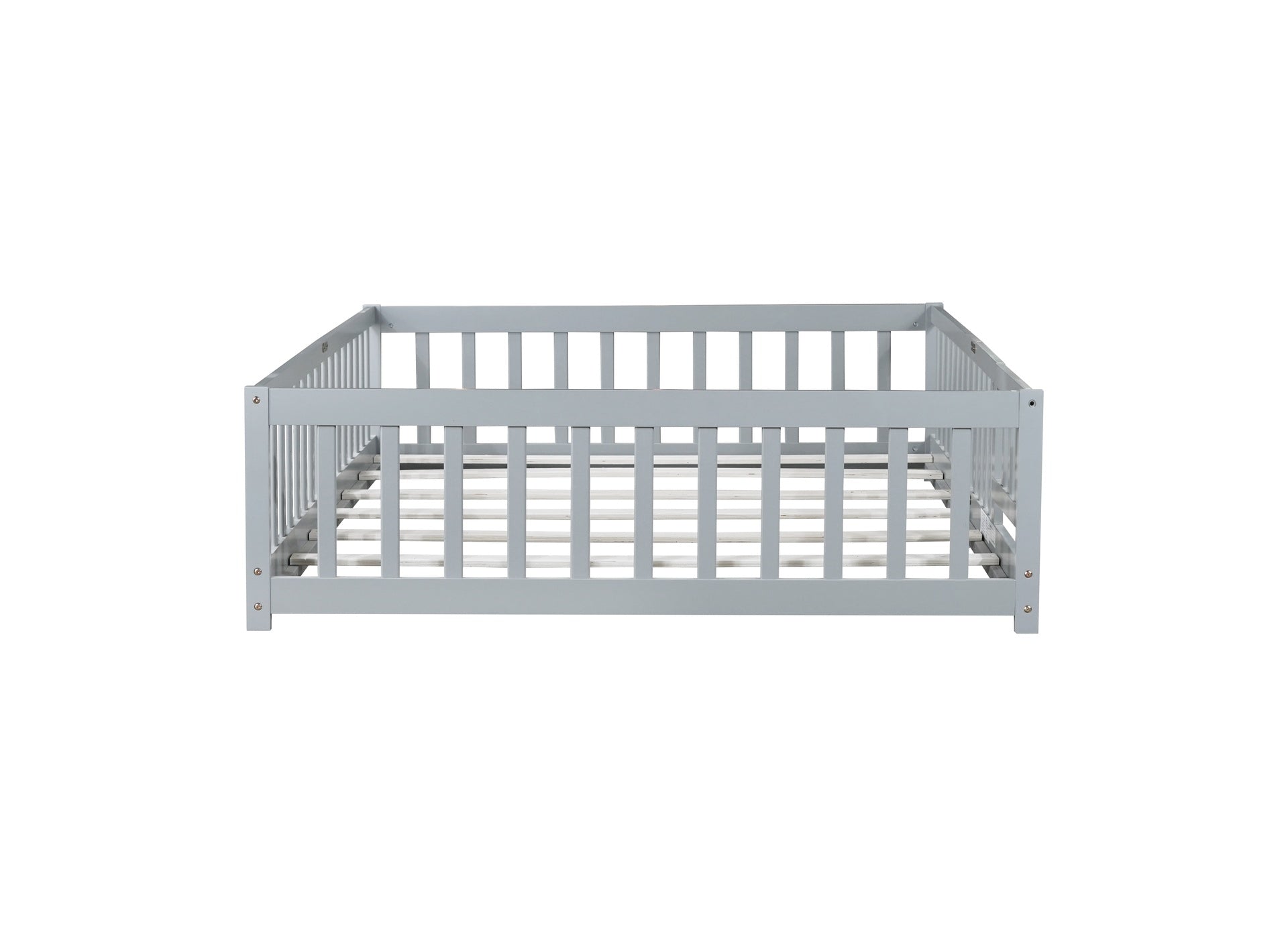 Full Size Floor Bed with Fence and Door,Rubber Wood Floor Bed with Safety Guardrails,Grey