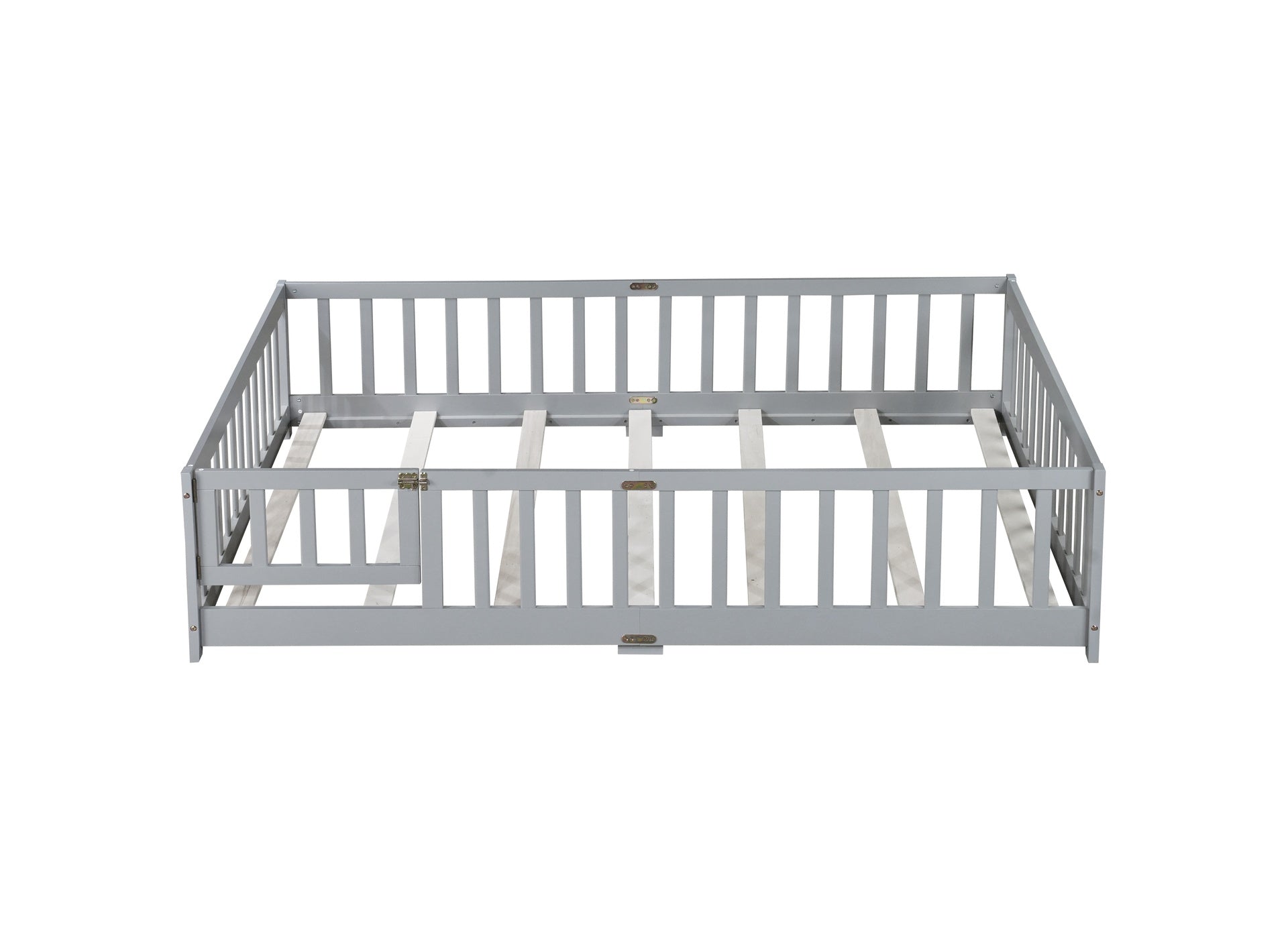 Full Size Floor Bed with Fence and Door,Rubber Wood Floor Bed with Safety Guardrails,Grey