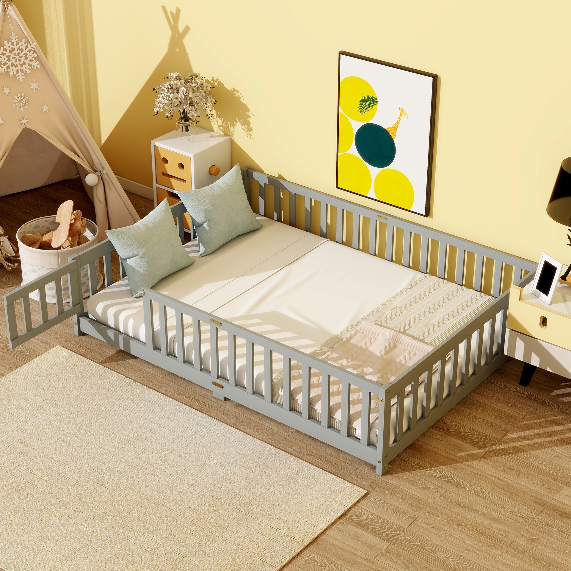 Full Size Floor Bed with Fence and Door,Rubber Wood Floor Bed with Safety Guardrails,Grey