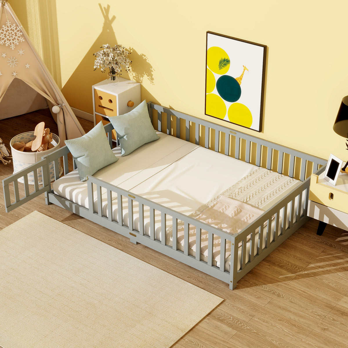 Full Size Floor Bed with Fence and Door,Rubber Wood Floor Bed with Safety Guardrails,Grey