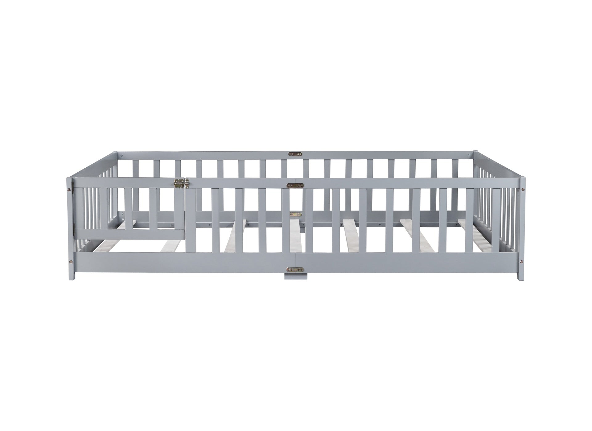 Full Size Floor Bed with Fence and Door,Rubber Wood Floor Bed with Safety Guardrails,Grey
