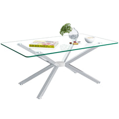 39.37" Rectangular Clear Tempered Glass Coffee Table,Stylish Design with silver Metal Legs, Coffee Table for Living Room