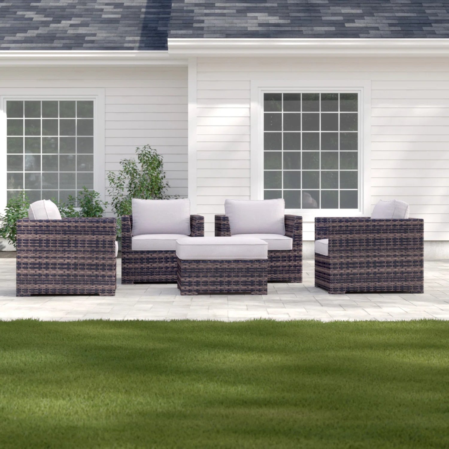 Fully Assembled Patio Chair Set with Cushions & Ottomans (5 Pieces)