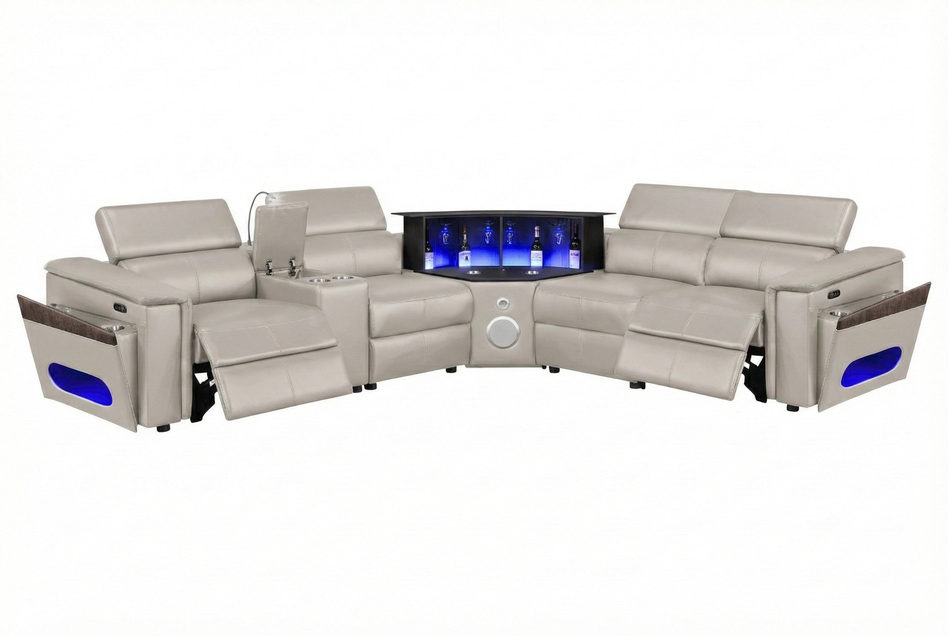 Nova Modern Style Sectional with 1 Console (Reading Light), Wedge with Bluetooth speaker, LED and Lifting wine cabinet - Gray