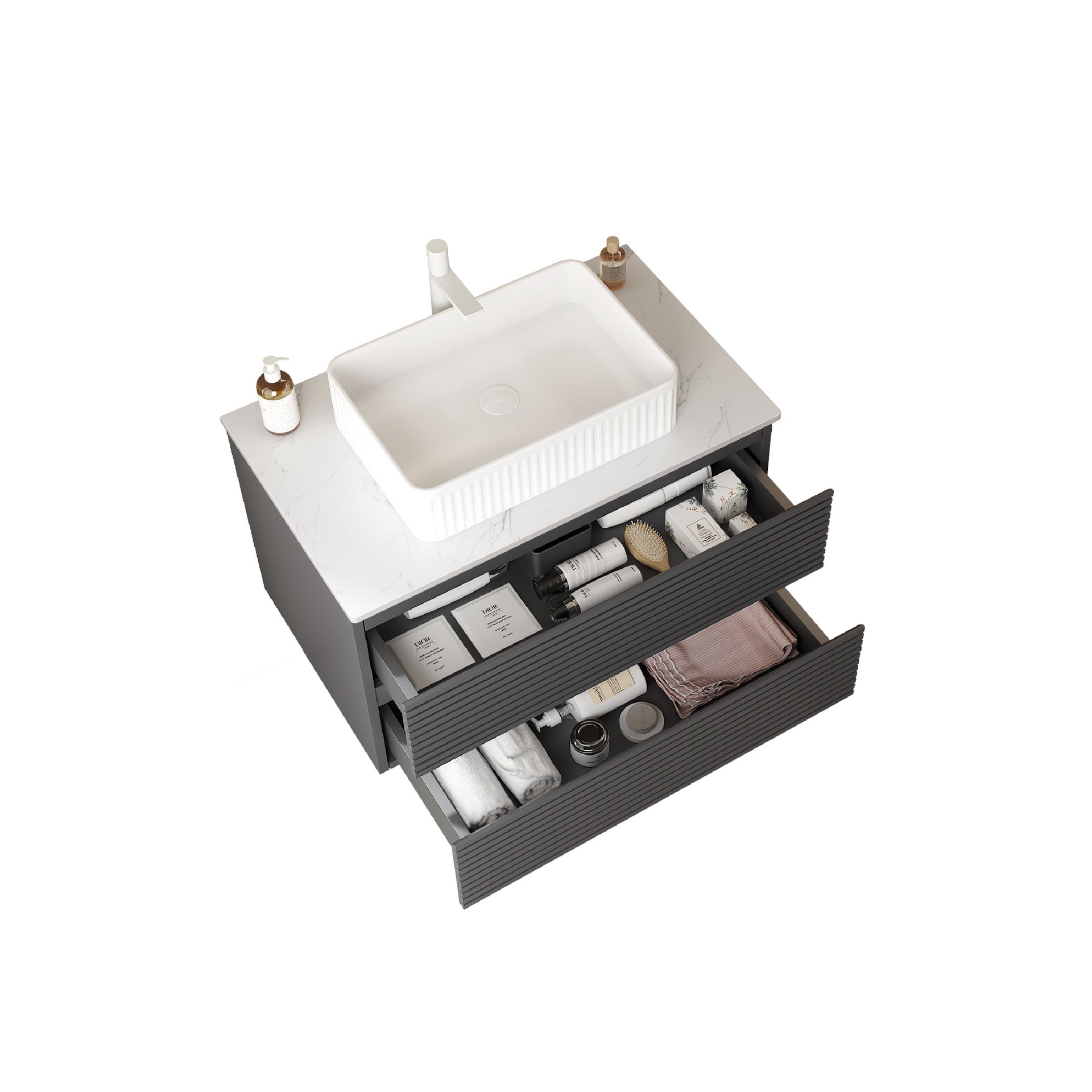 VEDO 30" Bathroom Vanity with Vessel Sink, Wall-Mounted Floating Plywood Striped Bathroom Storage Cabinet with 2 Drawers, White Ceramic Basin and Carrara White Countertop, without Faucet, Gray Color