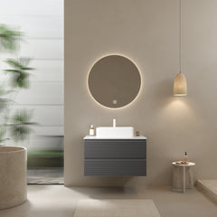VEDO 30" Bathroom Vanity with Vessel Sink, Wall-Mounted Floating Plywood Striped Bathroom Storage Cabinet with 2 Drawers, White Ceramic Basin and Carrara White Countertop, without Faucet, Gray Color