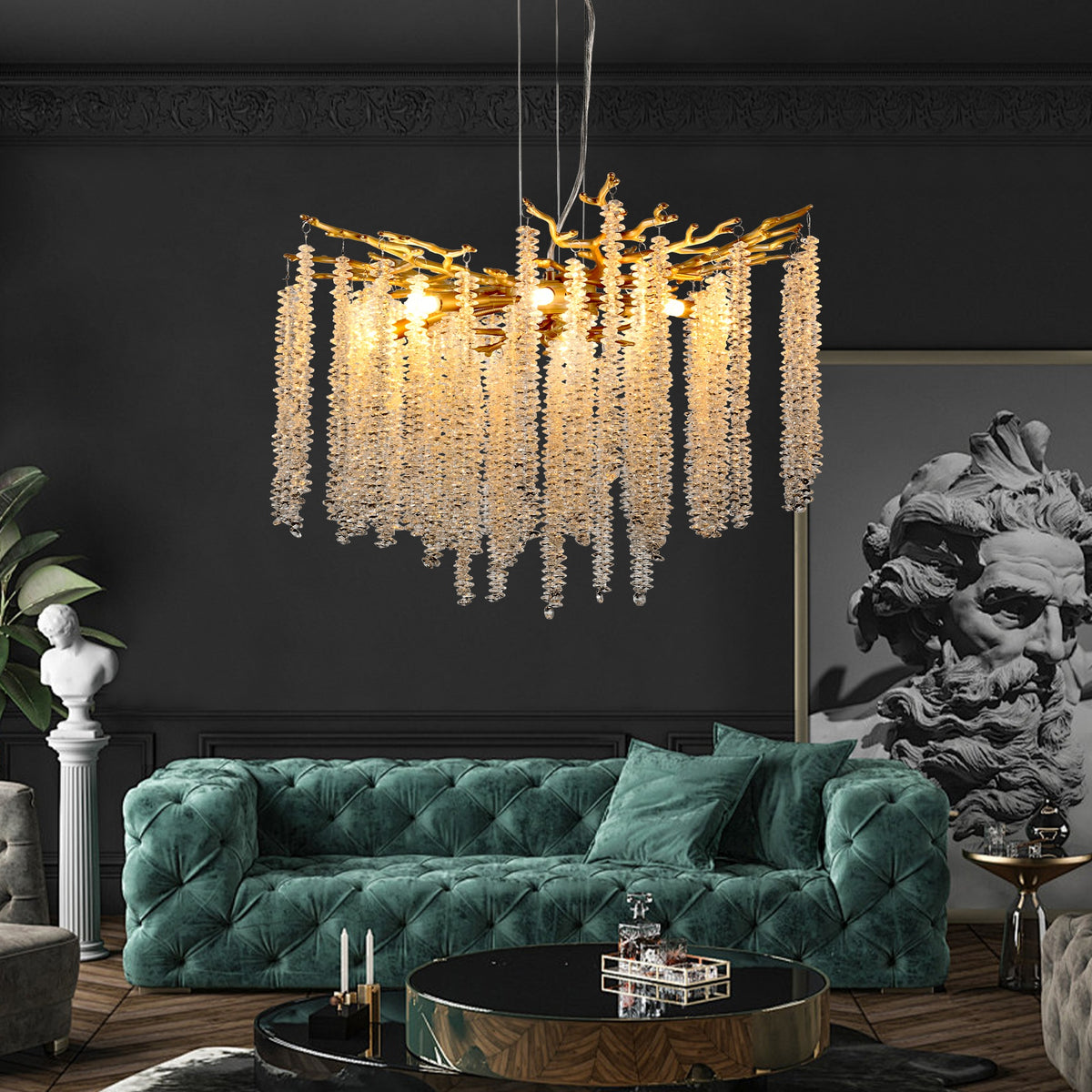 24-inch Modern Golden Pendant Light with Cascading Crystal Strands, Ideal for Living Room, Dining Room and Foyer, High-End Decorative Lighting Fixture (Bulb Not Included)