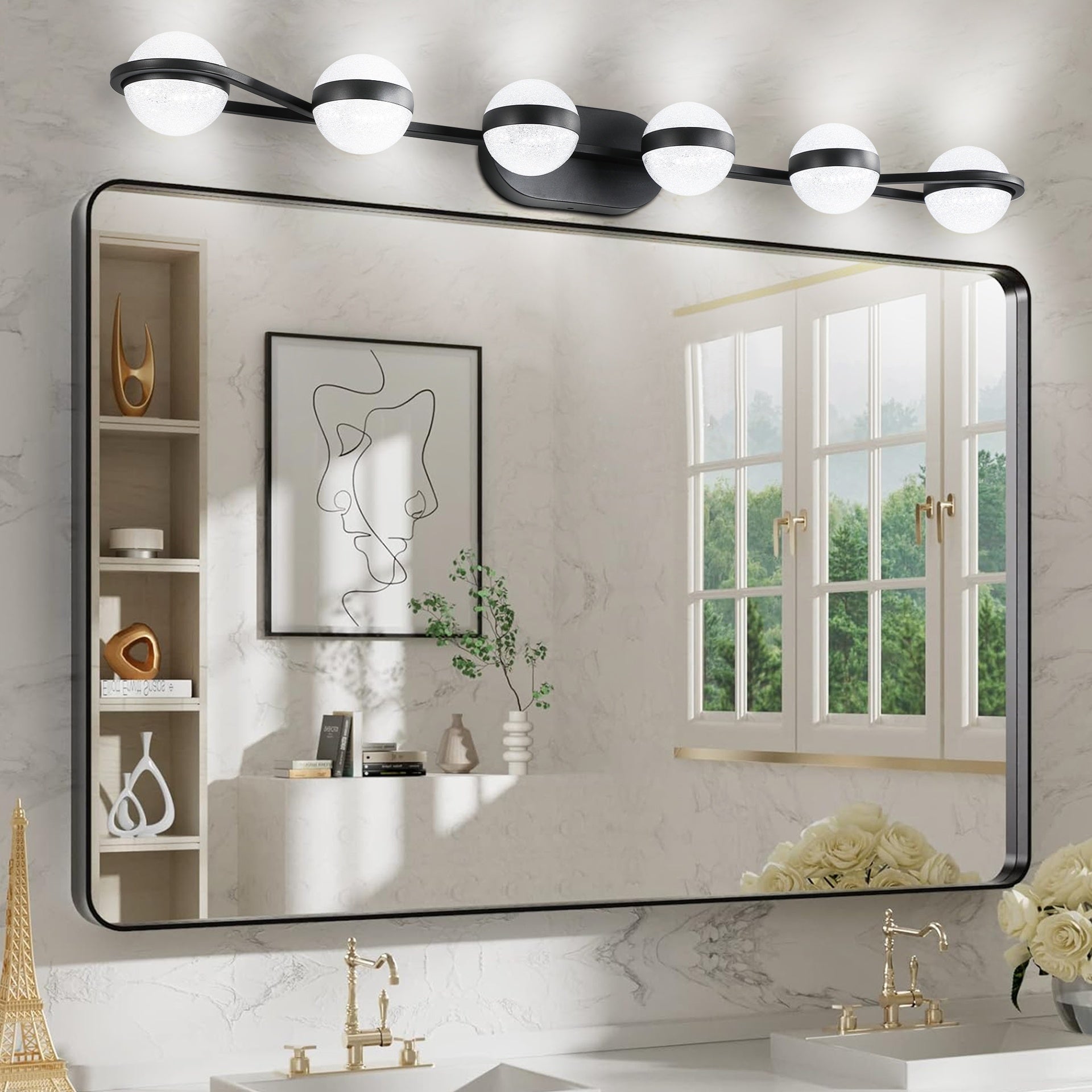 43" Black Minimalist LED Bathroom Vanity Light with Crystal Sand Acrylic Shades,6-Light Wall Mounted Decorative Lighting Fixture, Suitable for Bathroom Vanity Mirror