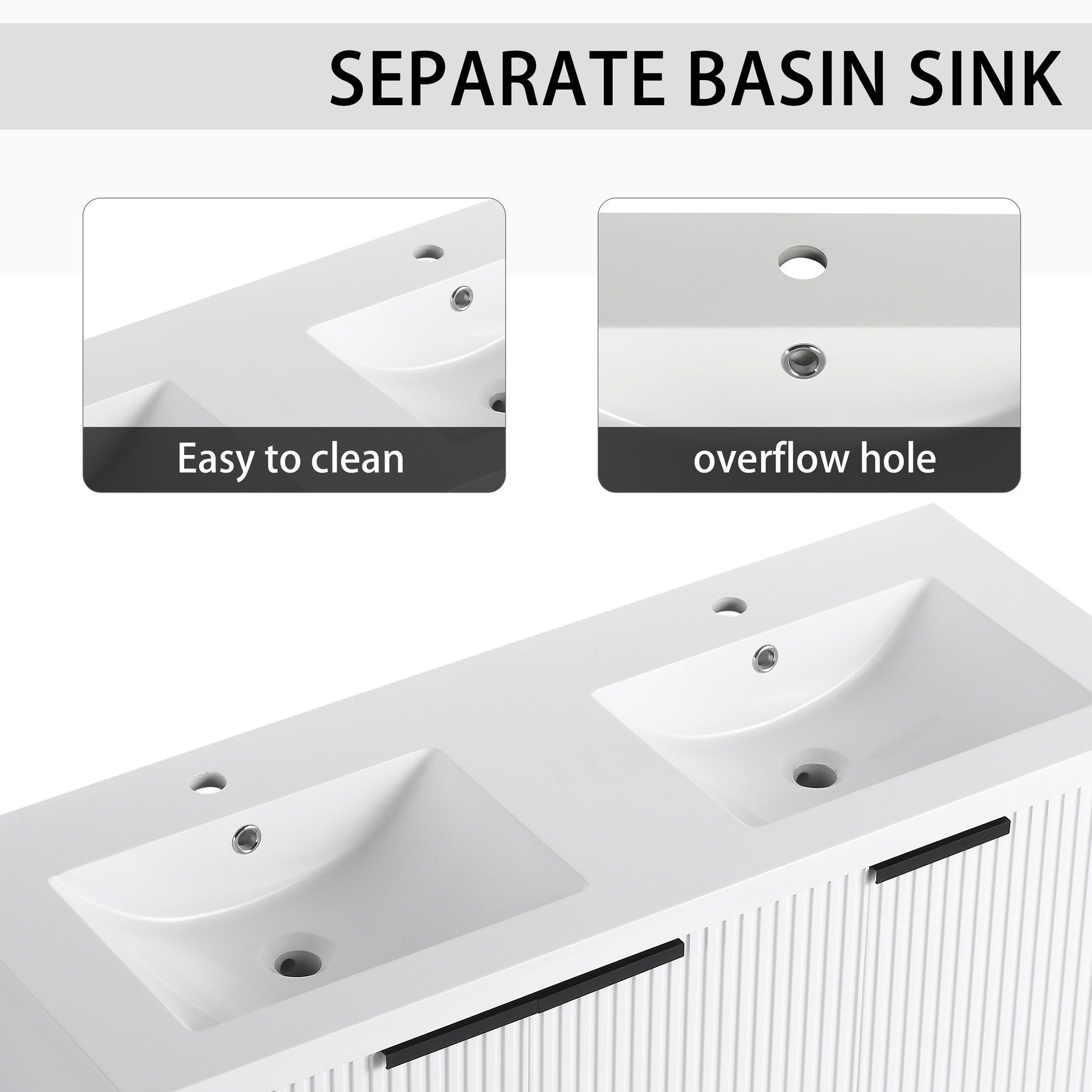 48" Wall Mounted Bathroom Vanity with Resin Double Sink & 3 Soft-Close Doors, KD-Packing