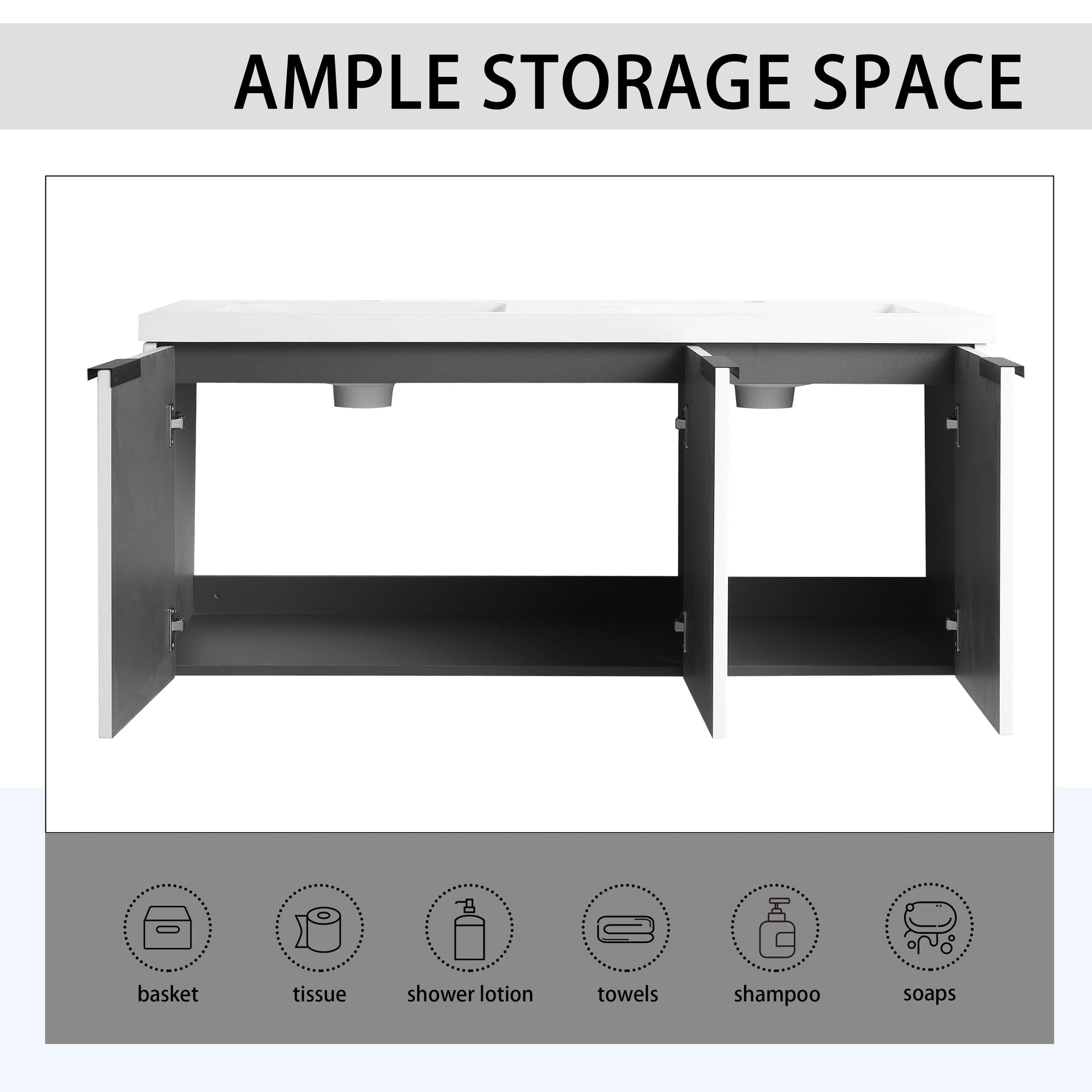 48" Wall Mounted Bathroom Vanity with Resin Double Sink & 3 Soft-Close Doors, KD-Packing
