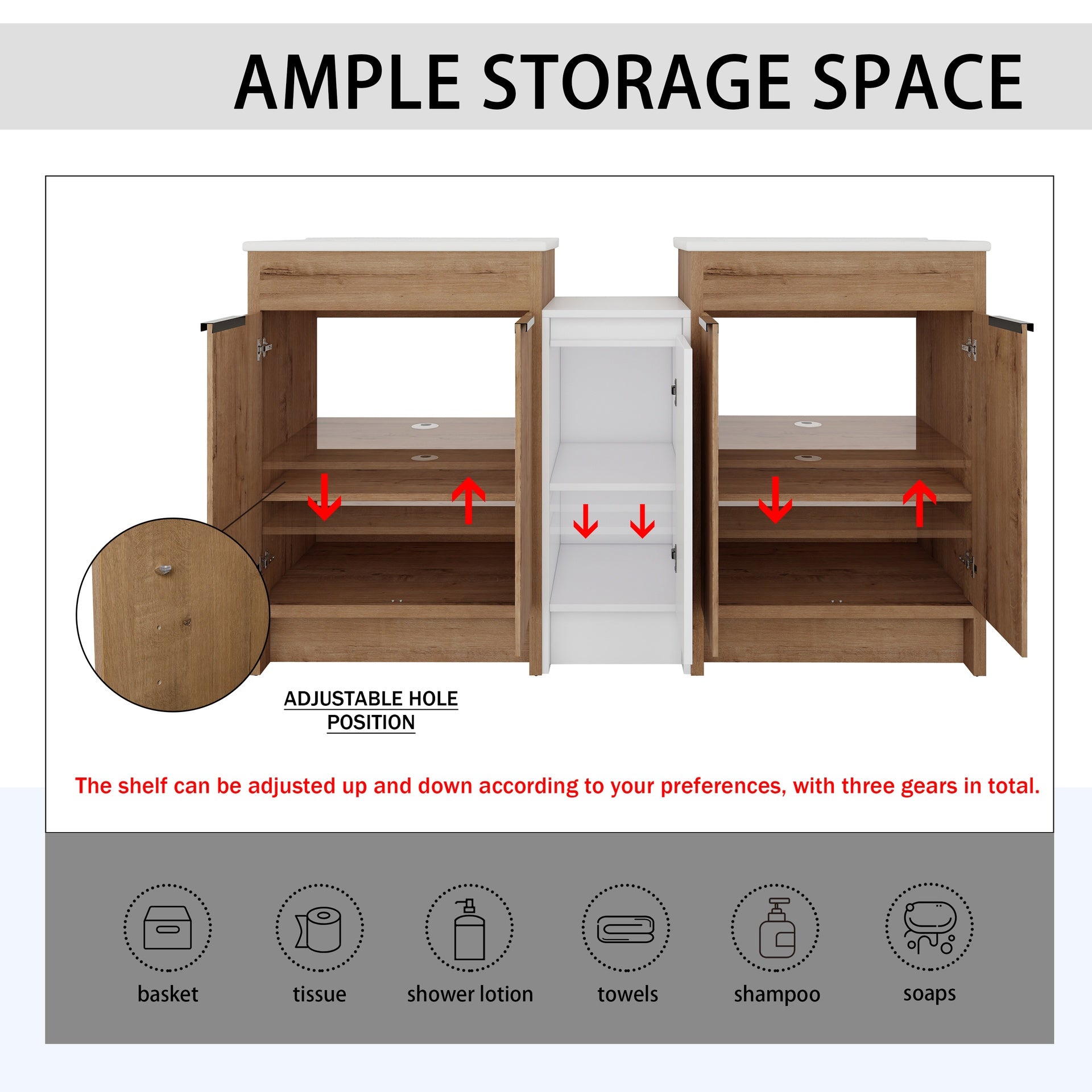 60 Inch Freestanding Bathroom Vanity with Ceramic Sink and Storage Cabinets, Soft Closing Door, 02424IMO*2+0312 Combination Cabinet, KD-Package