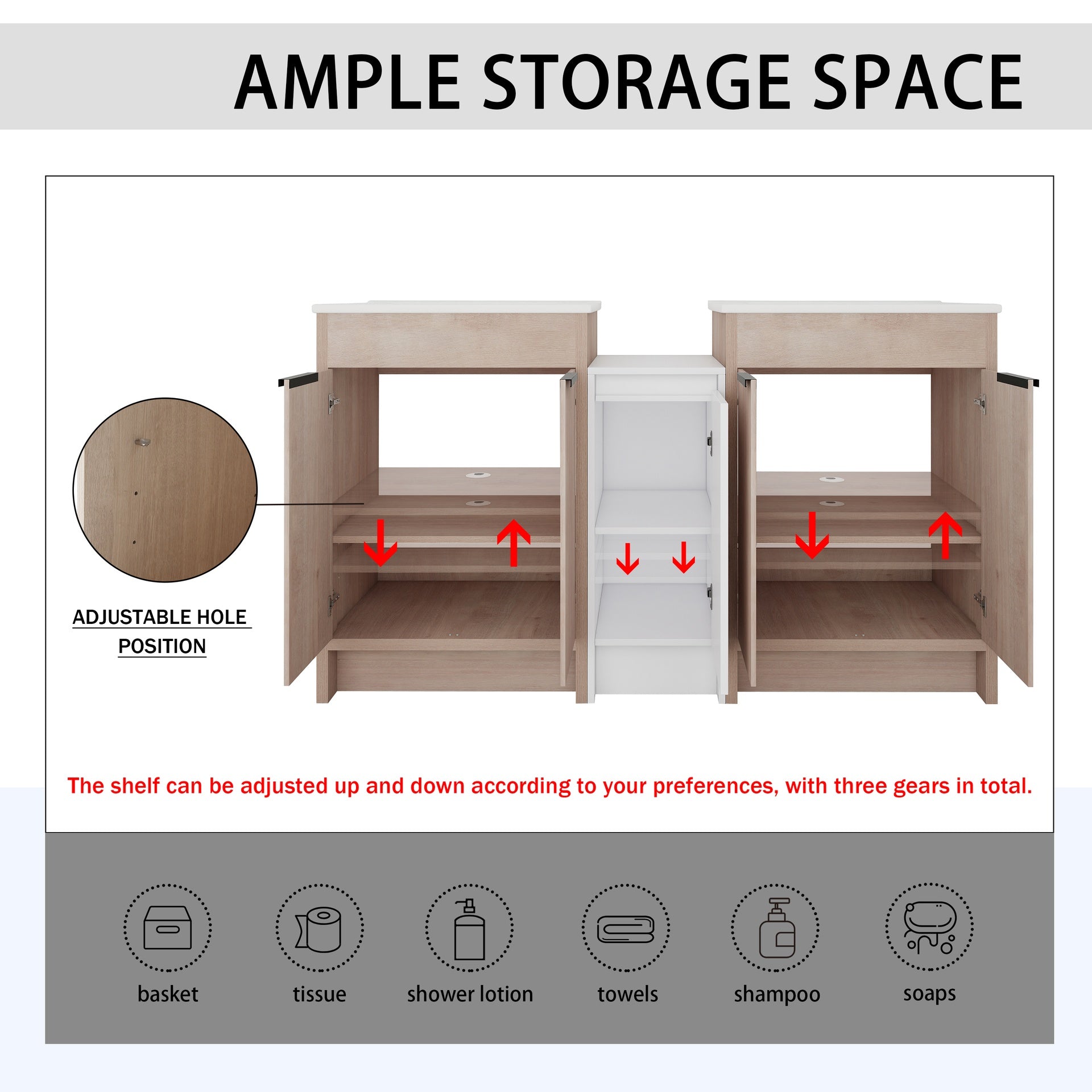 60 Inch Freestanding Bathroom Vanity with Ceramic Sink and Storage Cabinets, Soft Closing Door, 02424*2+0312 Combination Cabinet, KD-Package