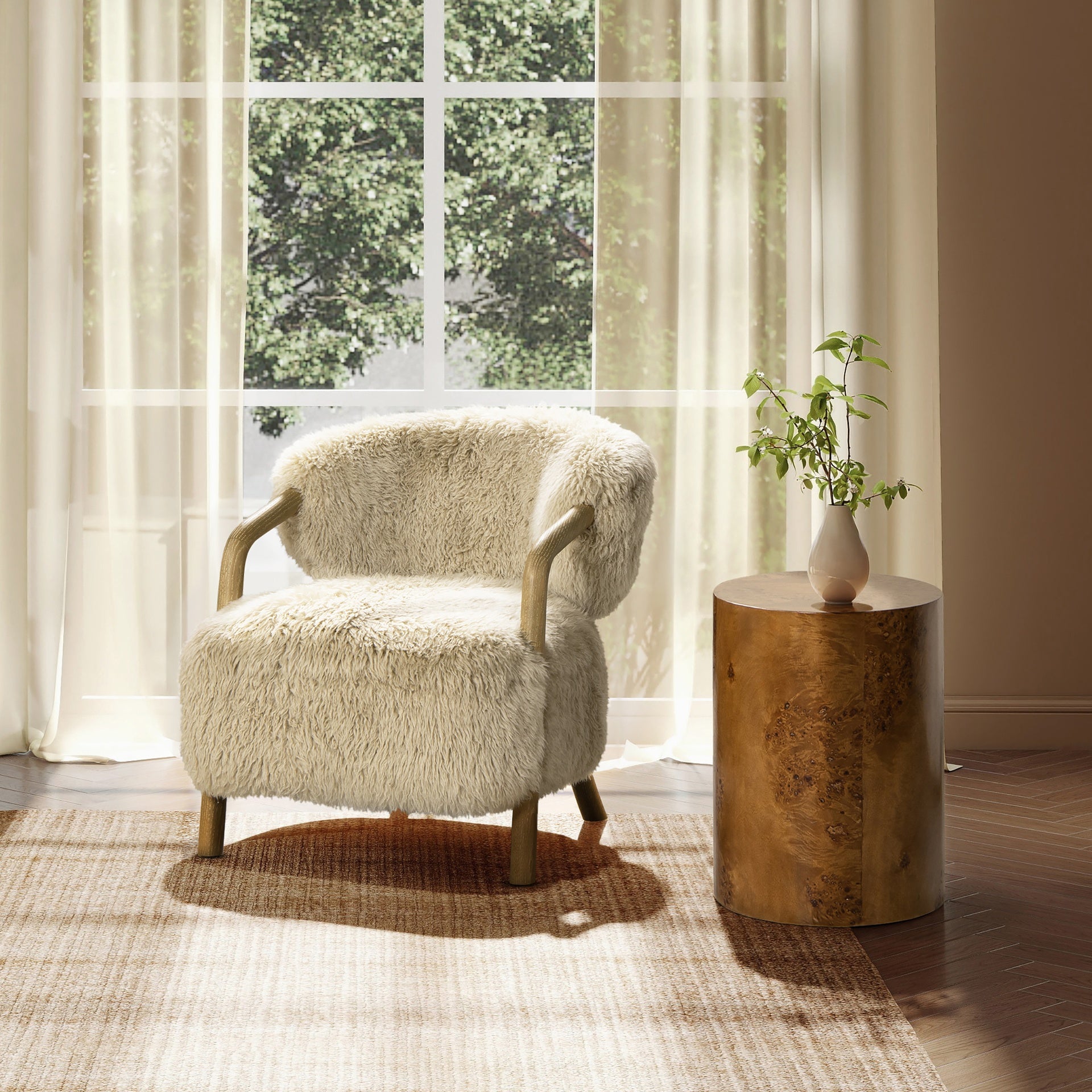 Becker 33" Rustic Oak Sheepskin Upholstered Accent Arm Chair, Taupe Beige Genuine Fur