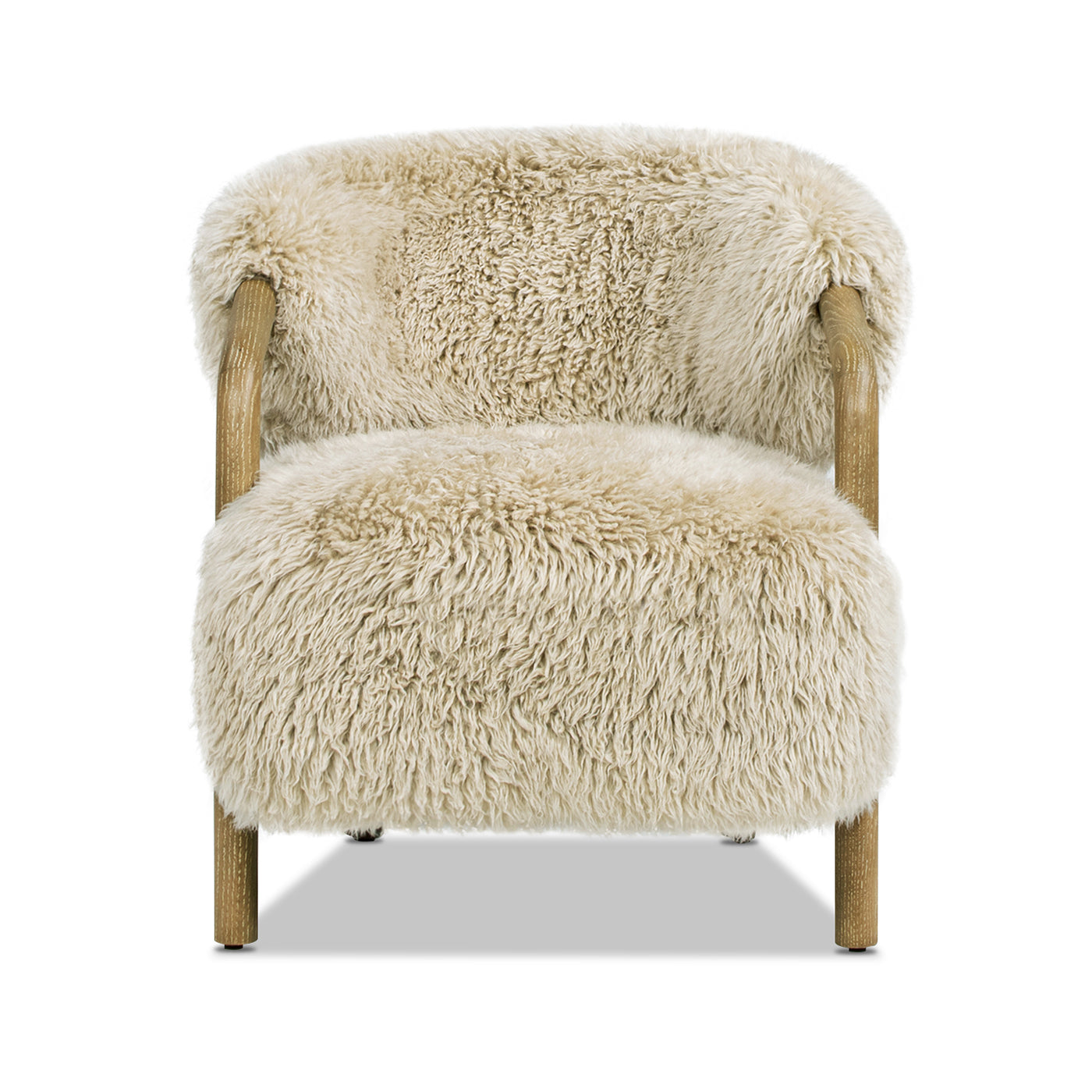 Becker 33" Rustic Oak Sheepskin Upholstered Accent Arm Chair, Taupe Beige Genuine Fur