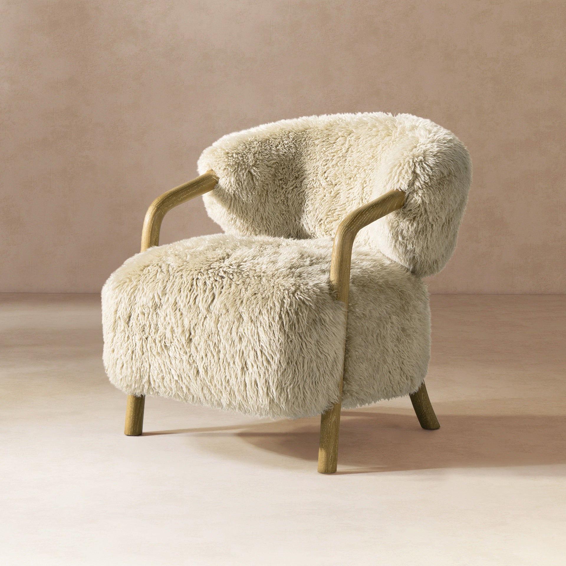 Becker 33" Rustic Oak Sheepskin Upholstered Accent Arm Chair, Taupe Beige Genuine Fur