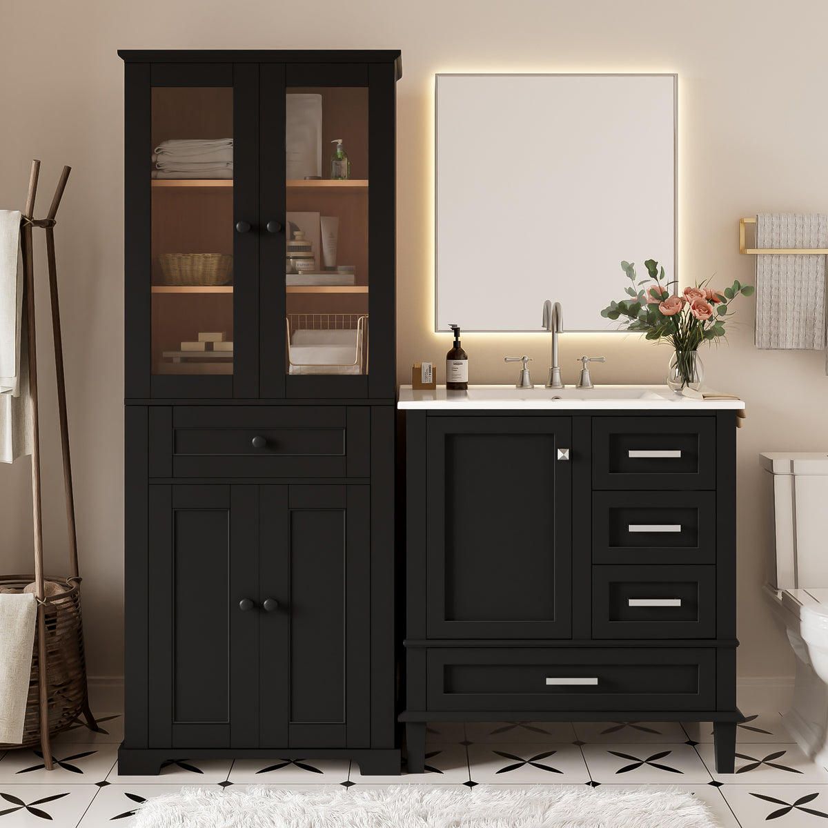 67.57" Tall Bathroom Storage Cabinet & 30" Bathroom Vanity with Sink Combo, Freestanding Modern Cabinet Set with Glass Doors, Drawer Storage, Adjustable Shelves & Soft-Close Design