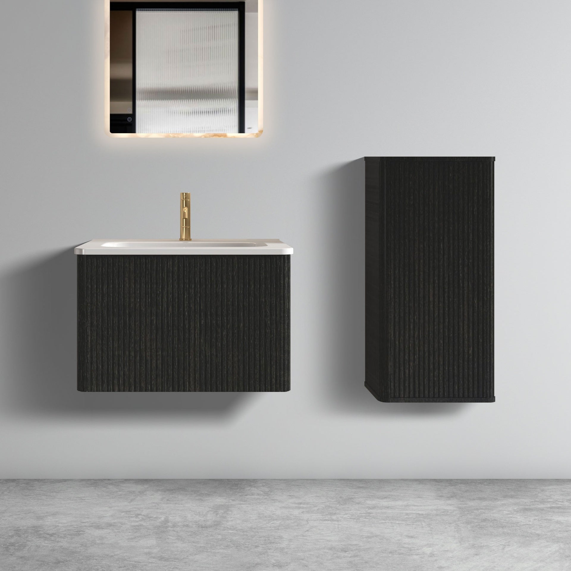 U056-Etna24W-308 Etna 24" Striped Brushed Black Oak Floating Bathroom Vanity with White Ceramic Sink, Bathroom Vanity for Modern Bathroom, One-Piece White Sink Basin without Drain, Pre-assembled