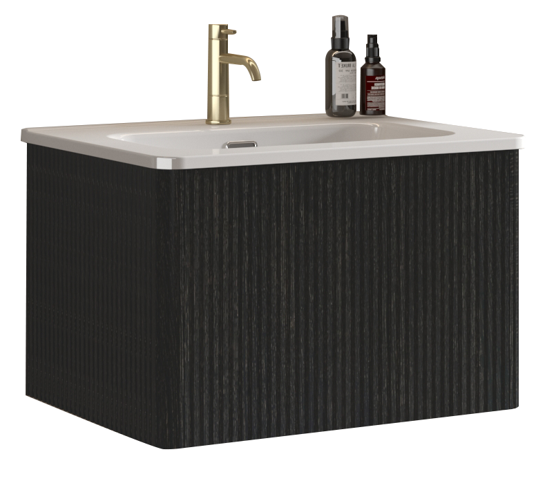 U056-Etna24W-308 Etna 24" Striped Brushed Black Oak Floating Bathroom Vanity with White Ceramic Sink, Bathroom Vanity for Modern Bathroom, One-Piece White Sink Basin without Drain, Pre-assembled