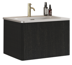 U056-Etna24W-308 Etna 24" Striped Brushed Black Oak Floating Bathroom Vanity with White Ceramic Sink, Bathroom Vanity for Modern Bathroom, One-Piece White Sink Basin without Drain, Pre-assembled