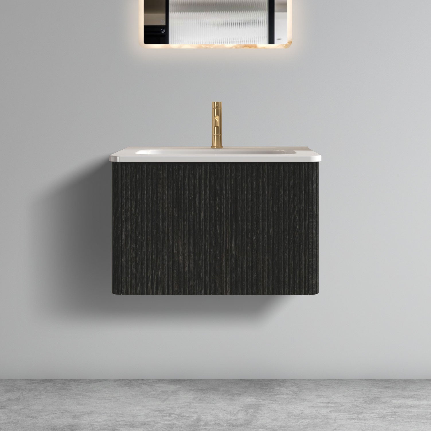 U056-Etna24W-308 Etna 24" Striped Brushed Black Oak Floating Bathroom Vanity with White Ceramic Sink, Bathroom Vanity for Modern Bathroom, One-Piece White Sink Basin without Drain, Pre-assembled