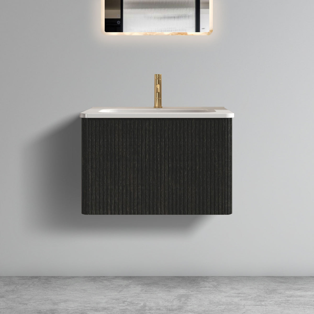 U056-Etna24W-308 Etna 24" Striped Brushed Black Oak Floating Bathroom Vanity with White Ceramic Sink, Bathroom Vanity for Modern Bathroom, One-Piece White Sink Basin without Drain, Pre-assembled