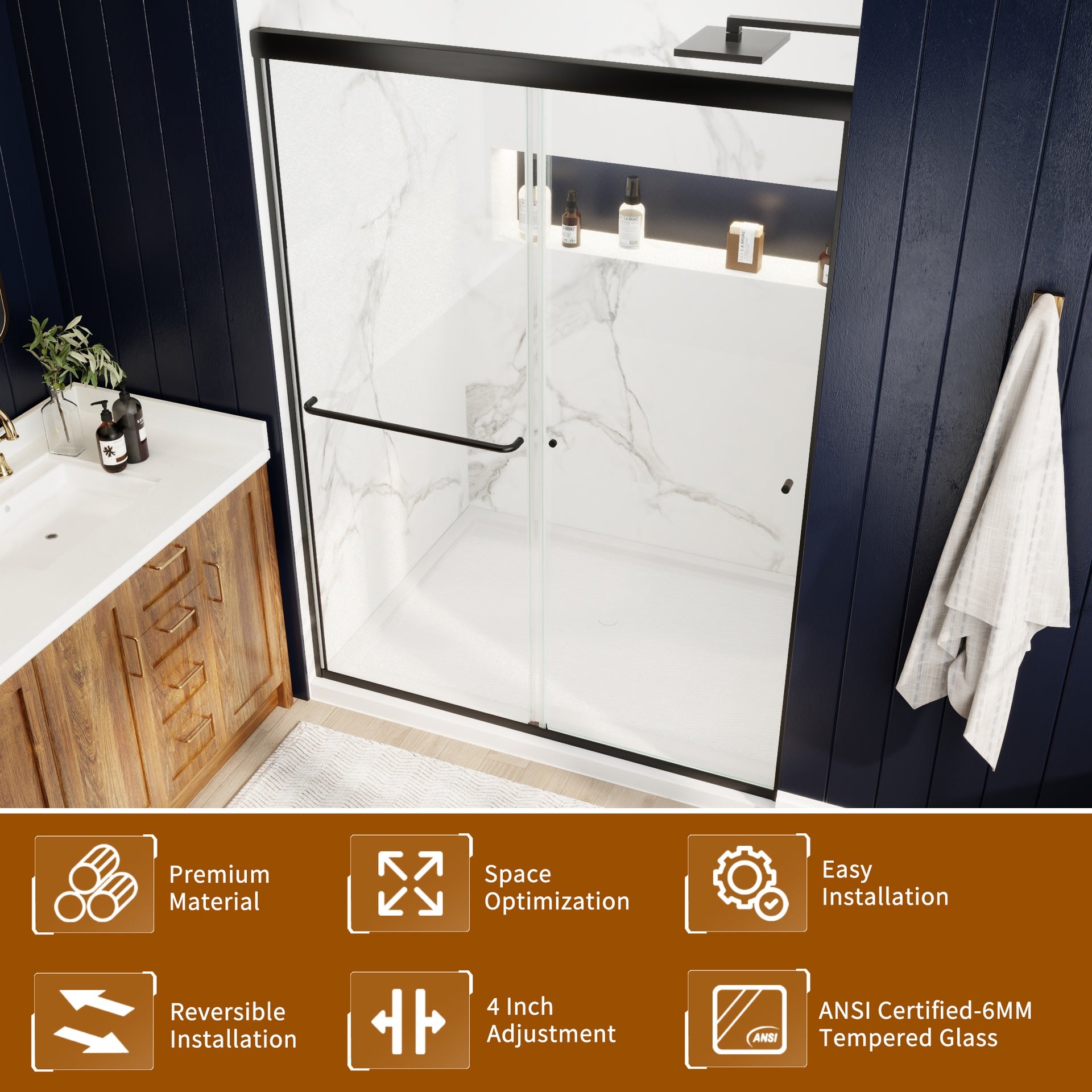 50in. -54 in. x 72 in. Traditional Sliding Shower Door in Matte black with Clear Glass