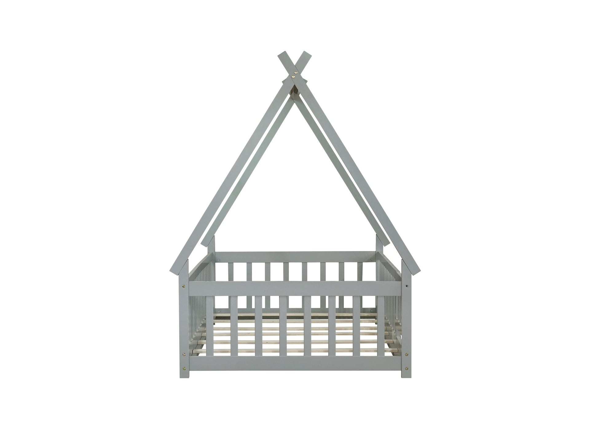 Twin Tent-shaped Floor Bed,Teepee Bed with Guardrails,Slats and Door,Grey