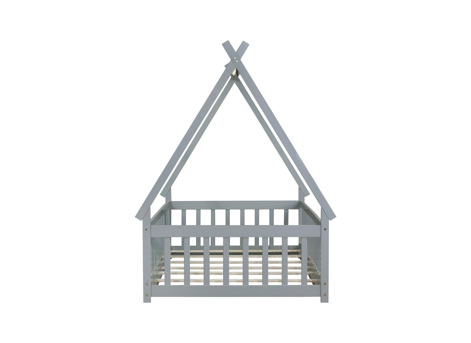 Twin Tent-shaped Floor Bed,Teepee Bed with Guardrails,Slats and Door,Grey