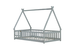 Twin Tent-shaped Floor Bed,Teepee Bed with Guardrails,Slats and Door,Grey