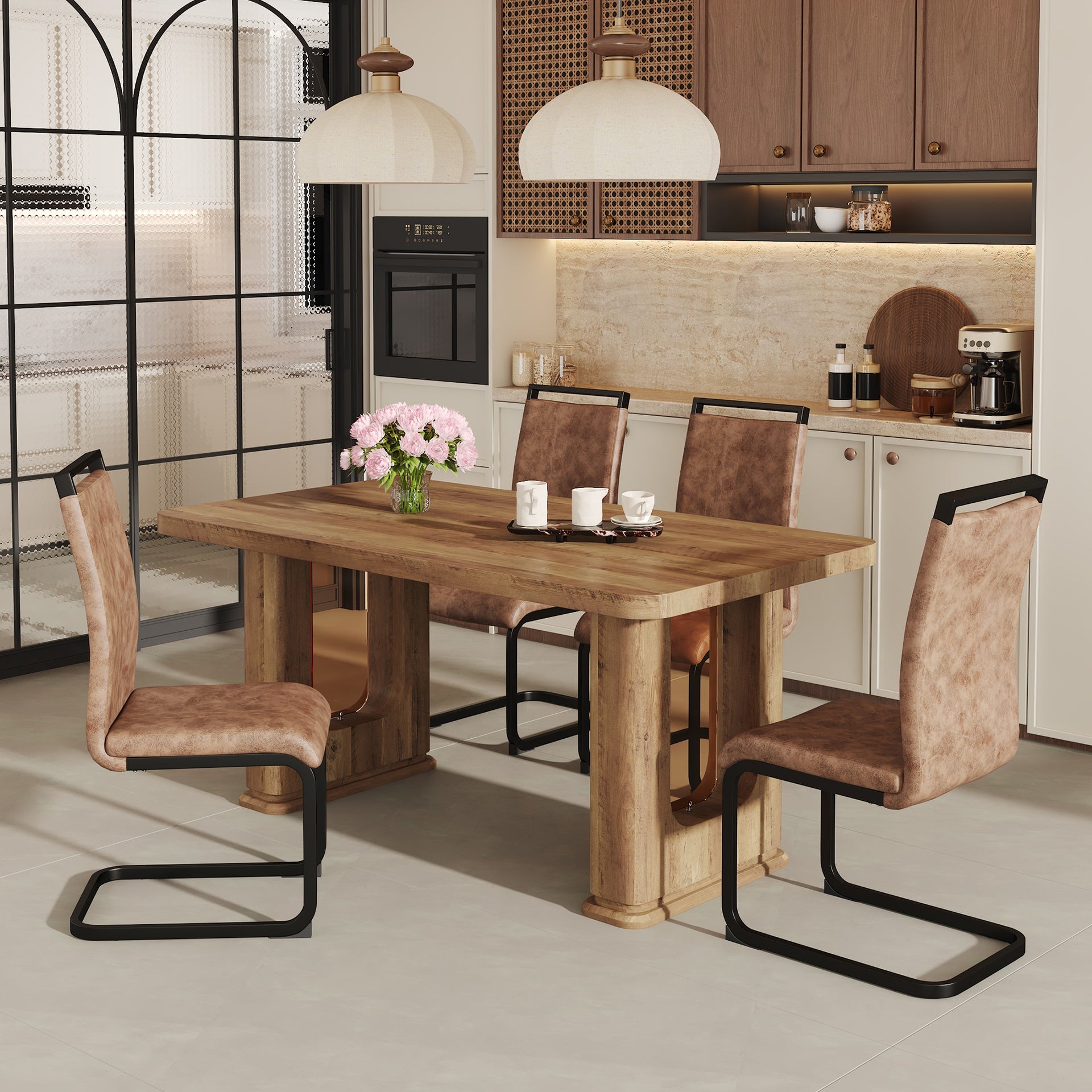 Table and chair set.64.5 x 35.4 Inch Stylish Wood Color Textured Dining Table.Perfectly Blending Simplicity And Transparency.Paried With 4 Brown technology fabric chairs with arched black legs.