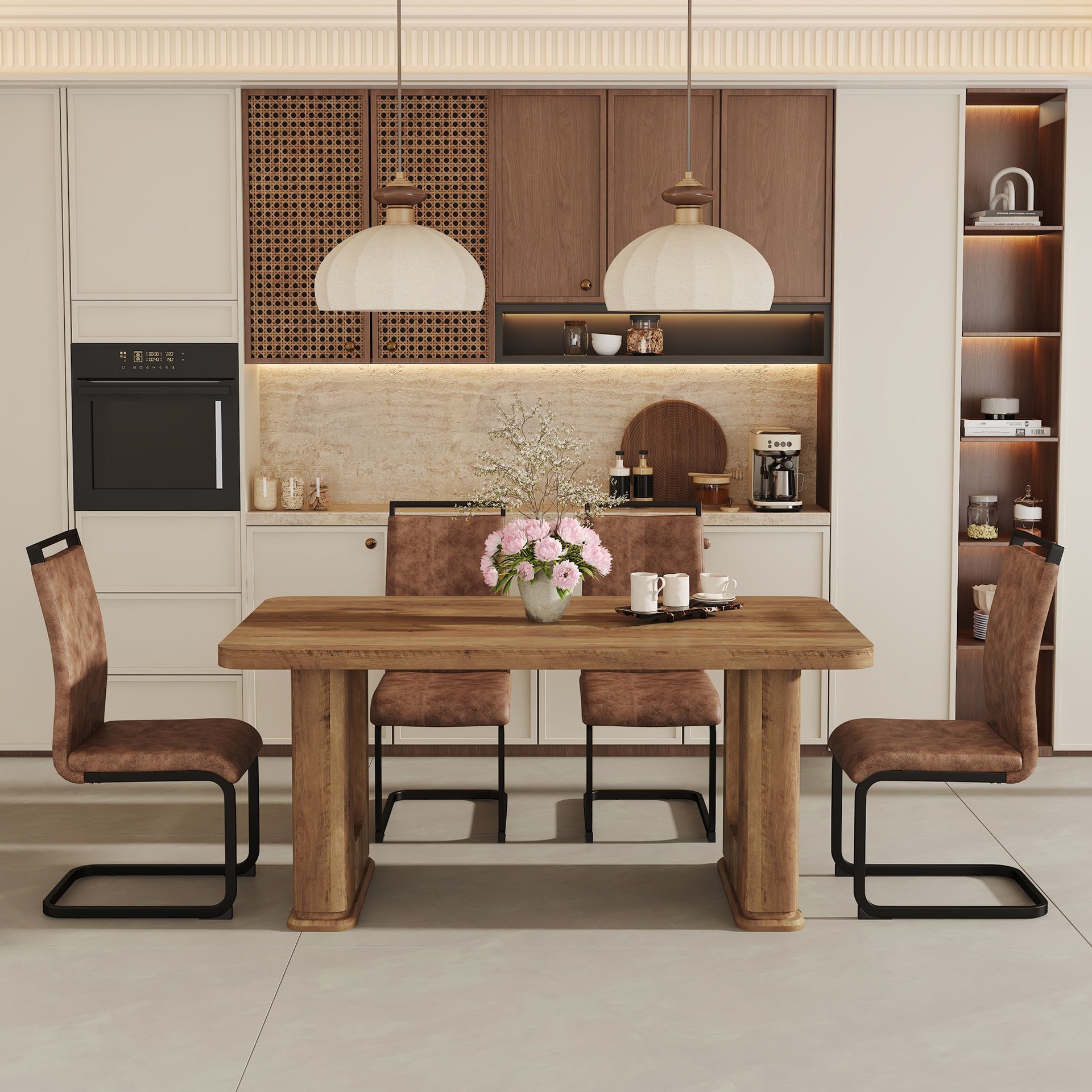 Table and chair set.64.5 x 35.4 Inch Stylish Wood Color Textured Dining Table.Perfectly Blending Simplicity And Transparency.Paried With 4 Brown technology fabric chairs with arched black legs.