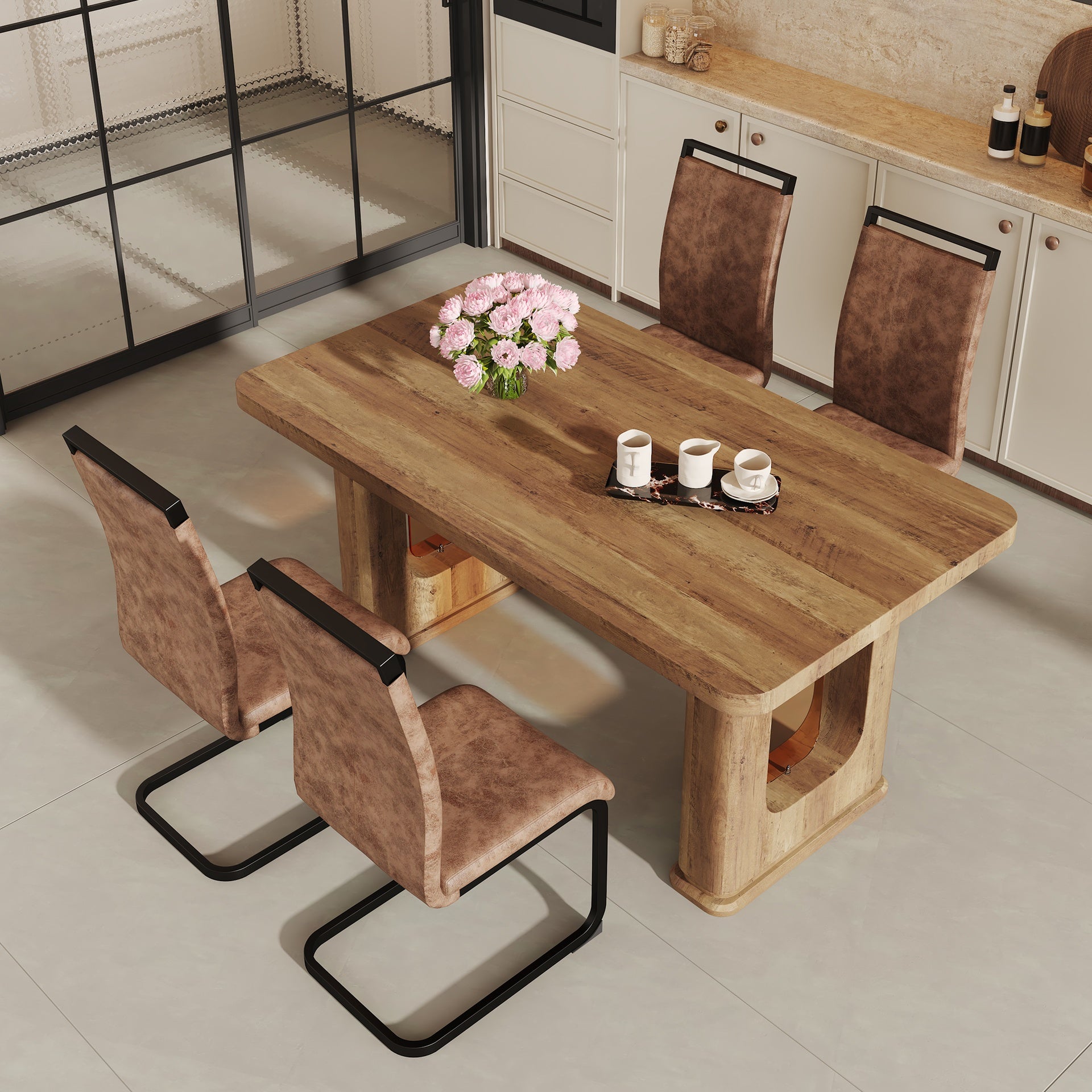 Table and chair set.64.5 x 35.4 Inch Stylish Wood Color Textured Dining Table.Perfectly Blending Simplicity And Transparency.Paried With 4 Brown technology fabric chairs with arched black legs.