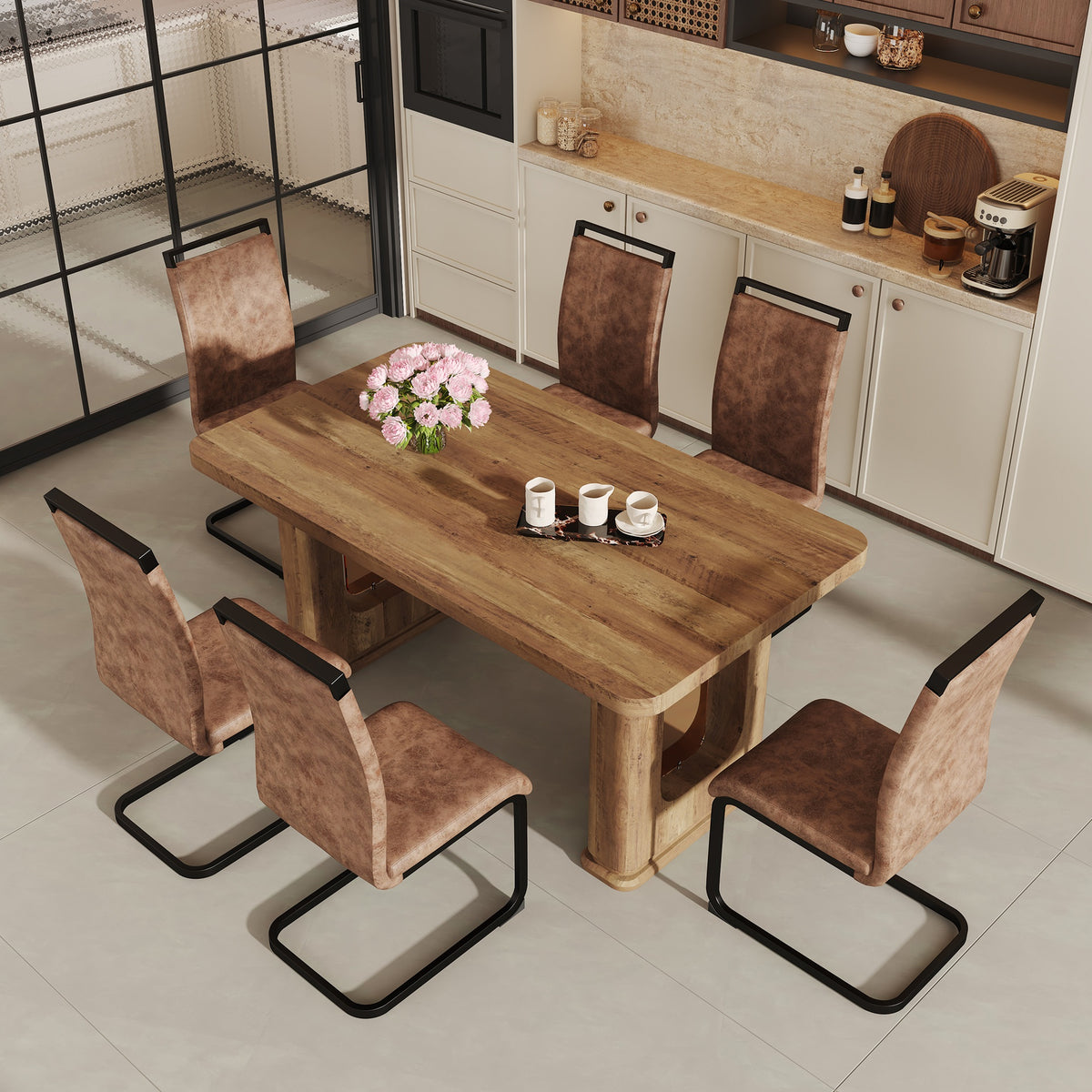 Table and chair set.64.5 x 35.4 Inch Stylish Wood Color Textured Dining Table.Perfectly Blending Simplicity And Transparency.Paried With 6 Brown technology fabric chairs with arched black legs.