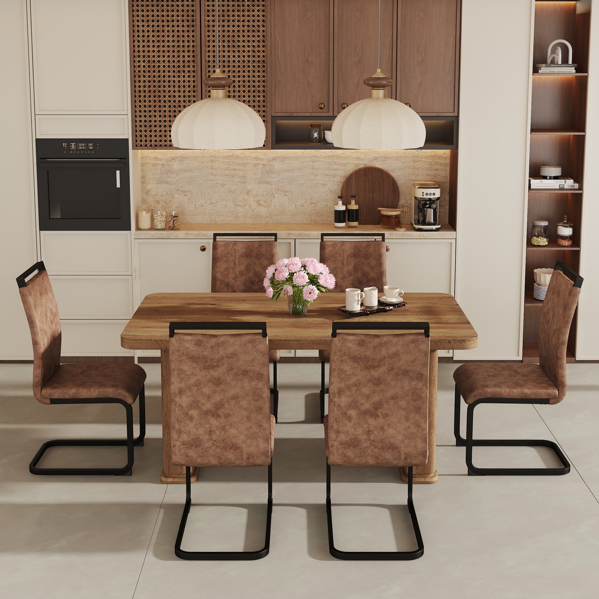 Table and chair set.64.5 x 35.4 Inch Stylish Wood Color Textured Dining Table.Perfectly Blending Simplicity And Transparency.Paried With 6 Brown technology fabric chairs with arched black legs.