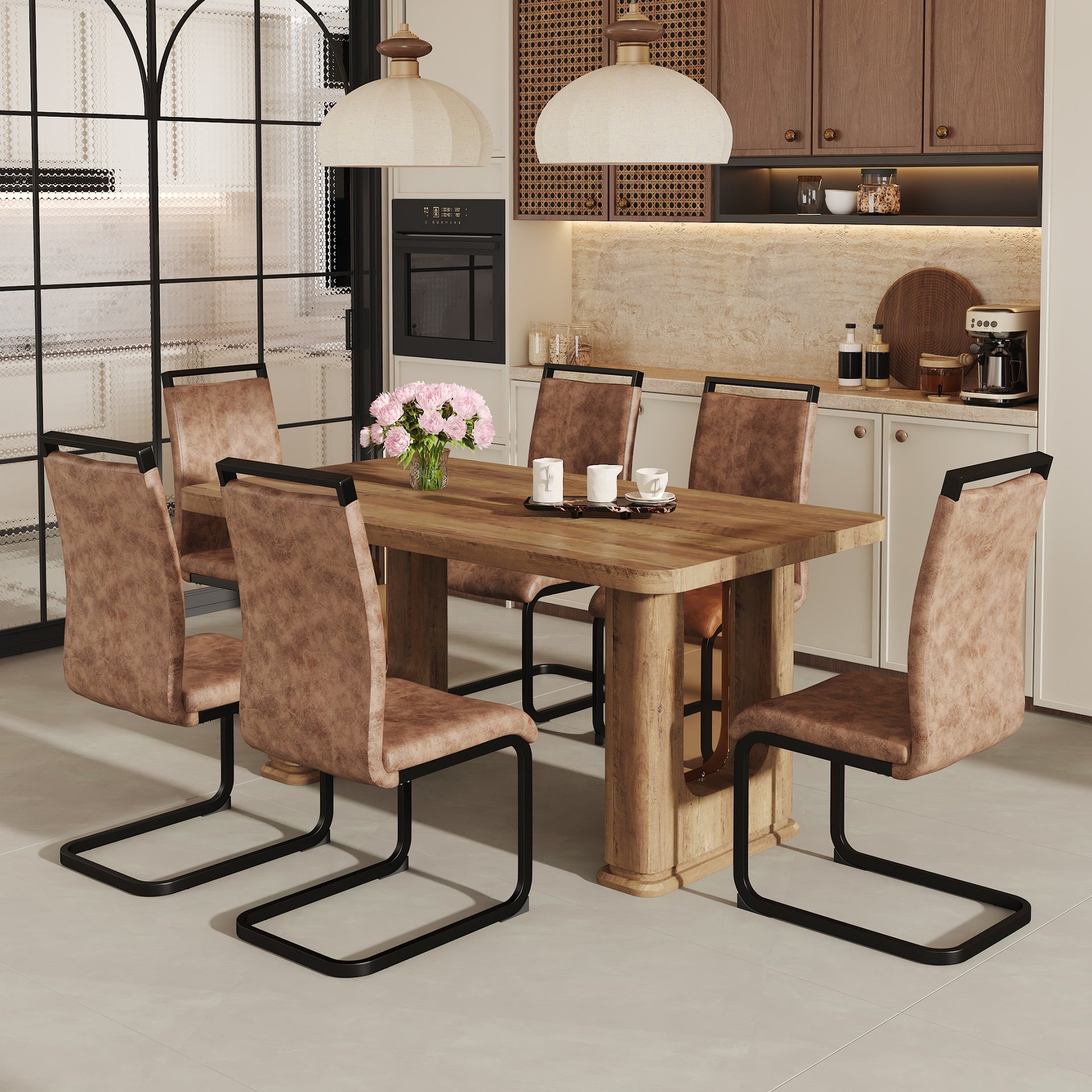 Table and chair set.64.5 x 35.4 Inch Stylish Wood Color Textured Dining Table.Perfectly Blending Simplicity And Transparency.Paried With 6 Brown technology fabric chairs with arched black legs.