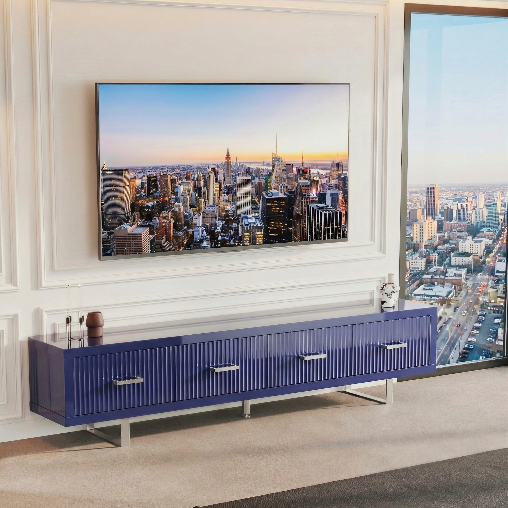 78.7" x 13.8" x 17.8" TV Stand-High Gloss Blue