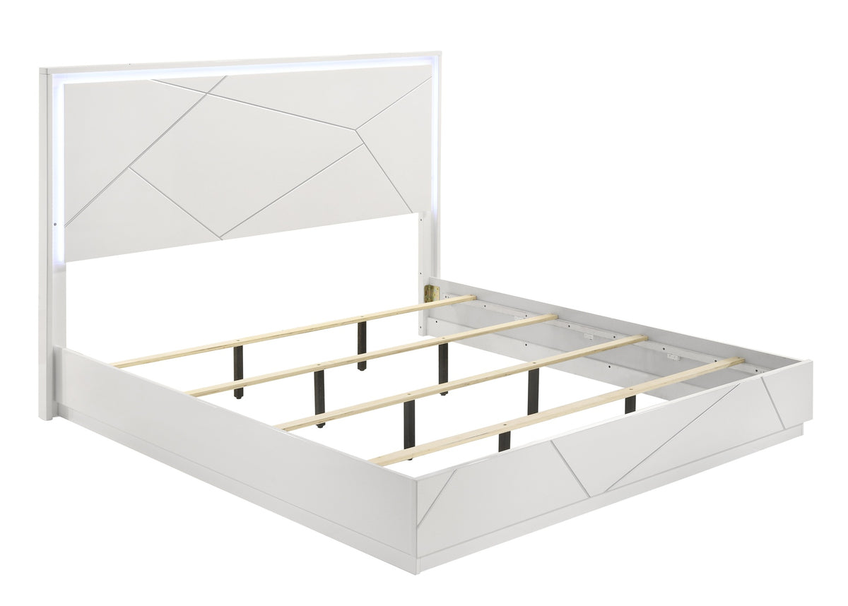 Manhattan Queen 5-Piece Bedroom Set – Modern Design with Lacquer Finish, Geometric Accents, and LED Lighting (CA Inventory)
