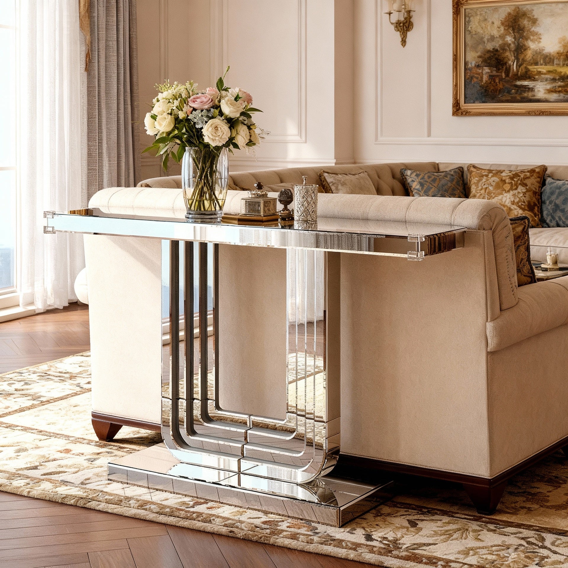 Mirrored Console Table, Silver Entryway Table with U Base & Hand-Spliced Line Design for Living Room, Hallway, Foyer, 47 Inch