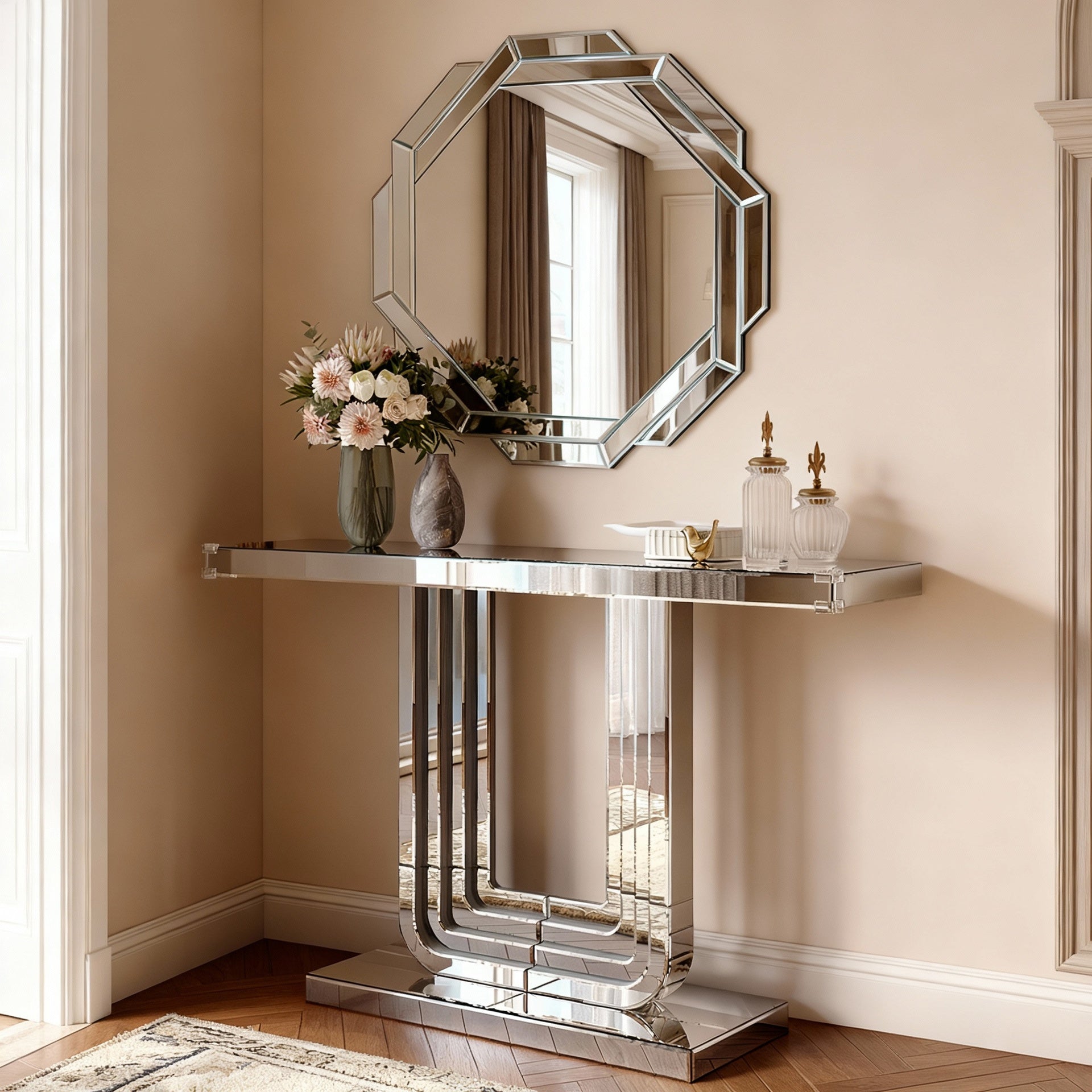 Mirrored Console Table, Silver Entryway Table with U Base & Hand-Spliced Line Design for Living Room, Hallway, Foyer, 47 Inch