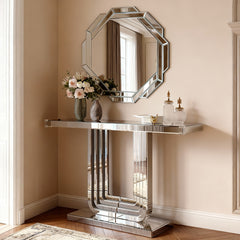 Mirrored Console Table, Silver Entryway Table with U Base & Hand-Spliced Line Design for Living Room, Hallway, Foyer, 47 Inch