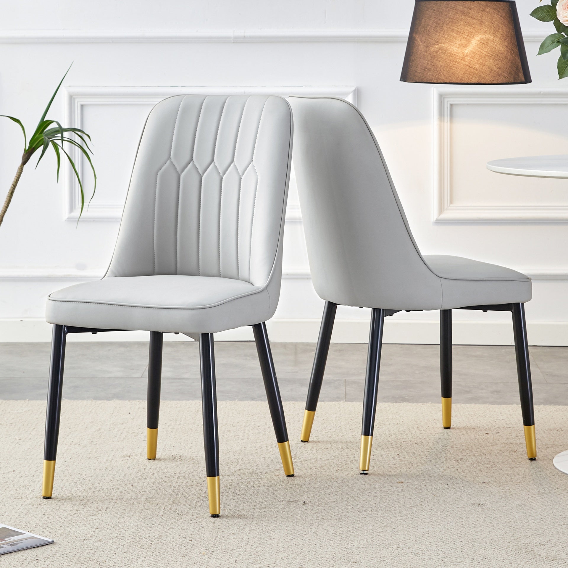Light gray dining chairs and living room chairs. PU material and metal legs, suitable for kitchen, living room, and dining room, 2 piece set (light gray+PU)C-007W1151118972