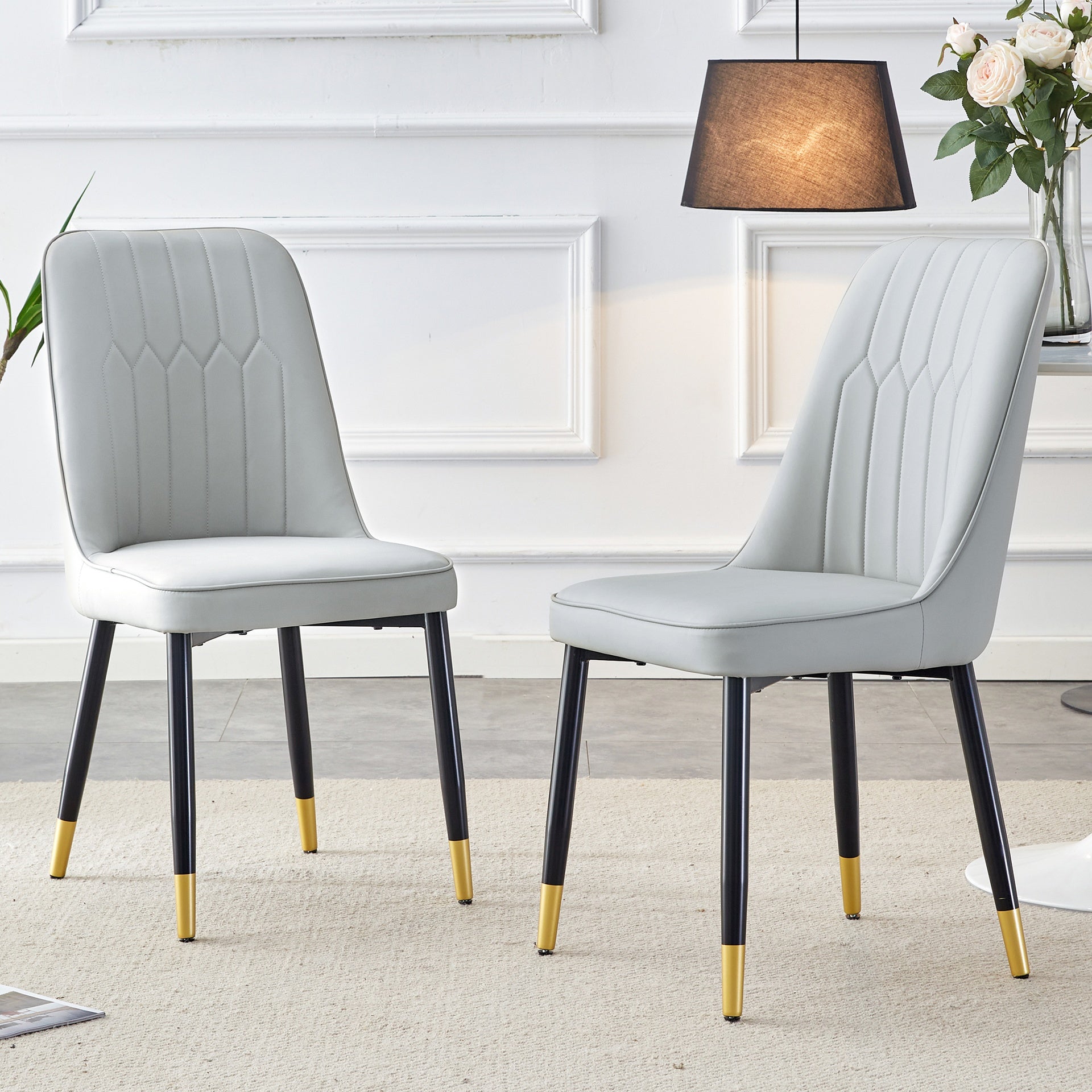 Light gray dining chairs and living room chairs. PU material and metal legs, suitable for kitchen, living room, and dining room, 2 piece set (light gray+PU)C-007W1151118972