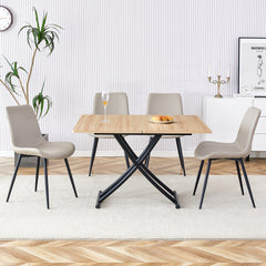 Table and chair set.Modern Multifunctional Lifting Platform,Light Wood Grain Sticker MDF Desktop,Black Metal Legs. Paired with 4 Light Gray Artificial PU Chairs With Curved Widened Cushion Design.