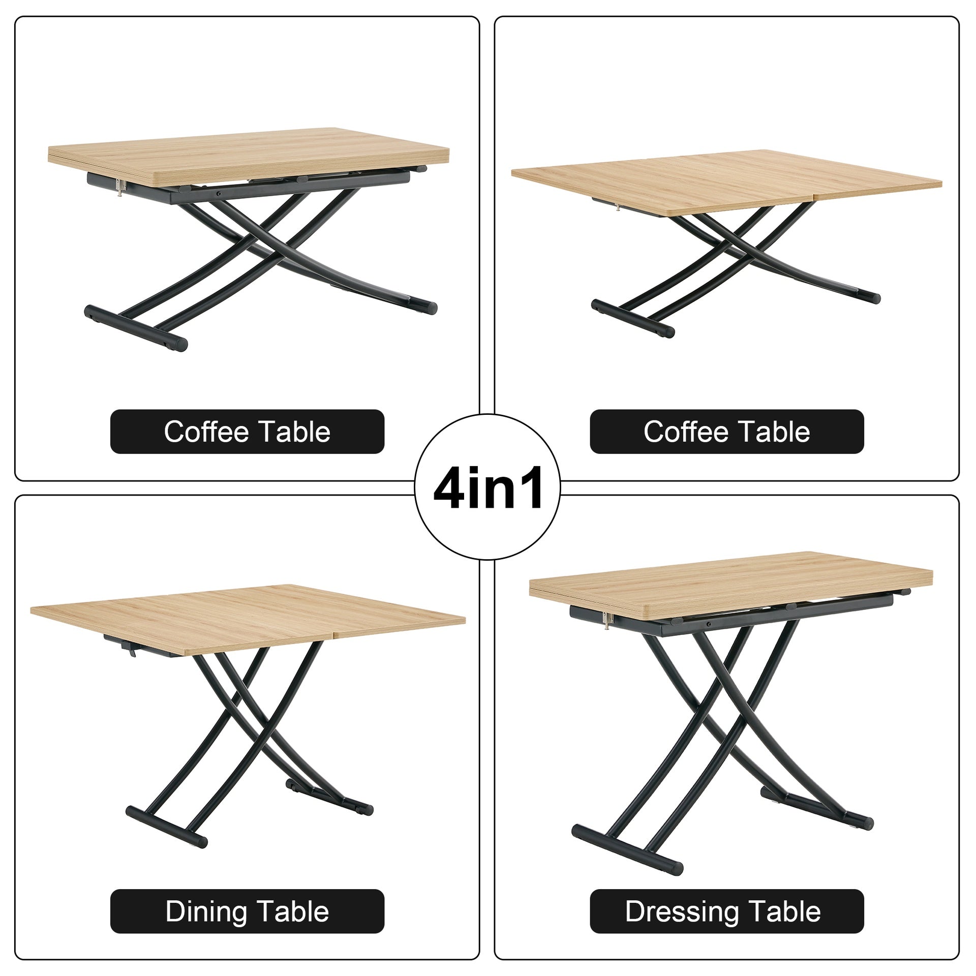 Table and chair set.Modern Multifunctional Lifting Platform,Light Wood Grain Sticker MDF Desktop,Black Metal Legs. Paired with 4 Light Gray Artificial PU Chairs With Curved Widened Cushion Design.