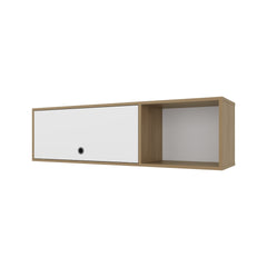 Roslyn Wall-Mounted Cabinet with Lift-Up Door, Open Compartments, Natural Oak and White